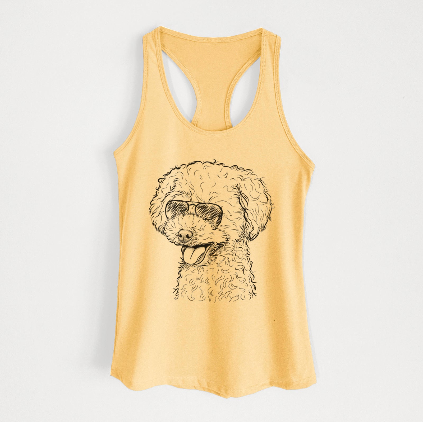 Hand-drawn sketch of Rocky the Teacup Poodle wearing aviator sunglasses on a Banana Cream Women's racerback tanktop