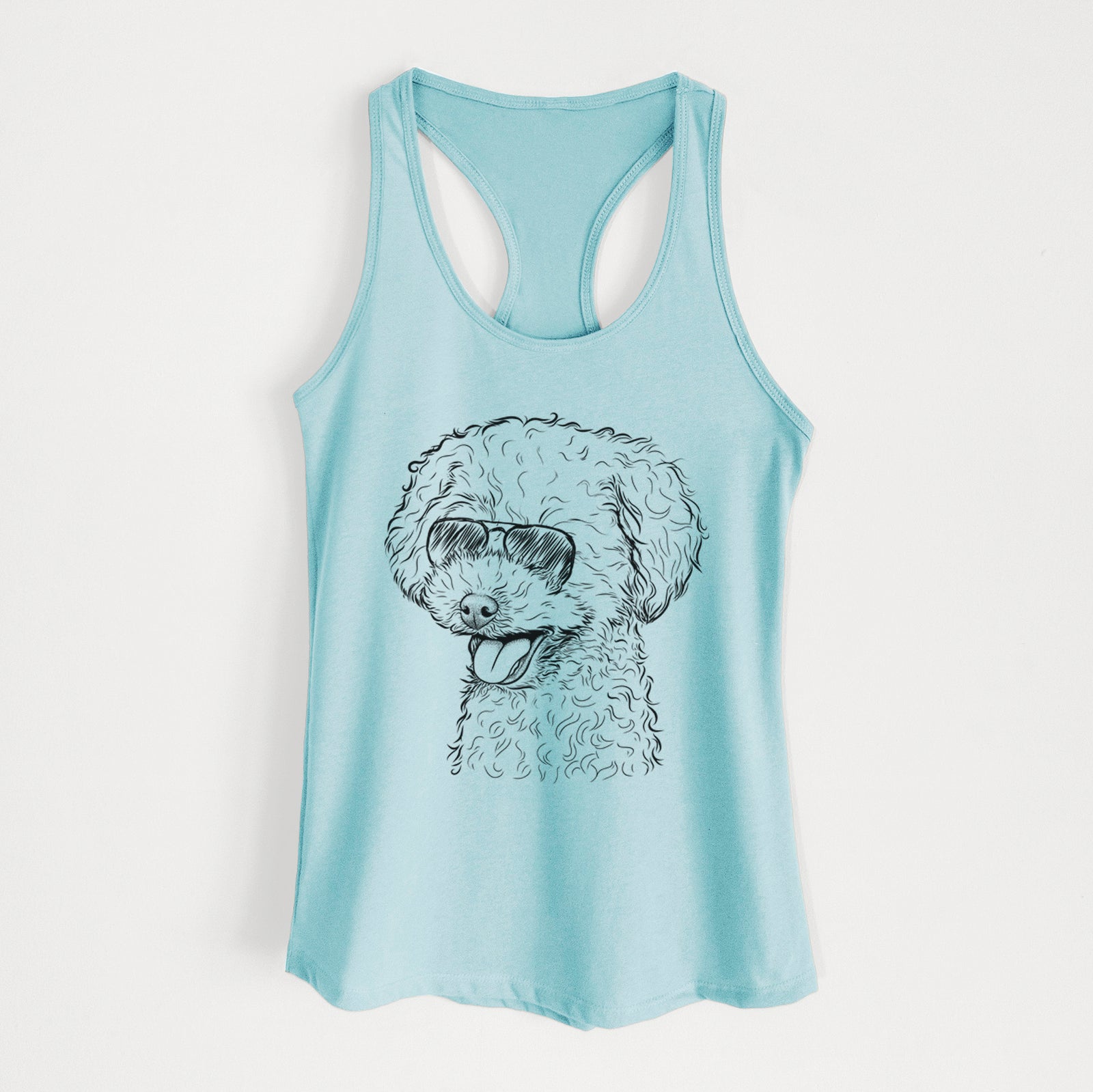 Hand-drawn sketch of Rocky the Teacup Poodle wearing aviator sunglasses on a Cancun Blue Women's racerback tanktop
