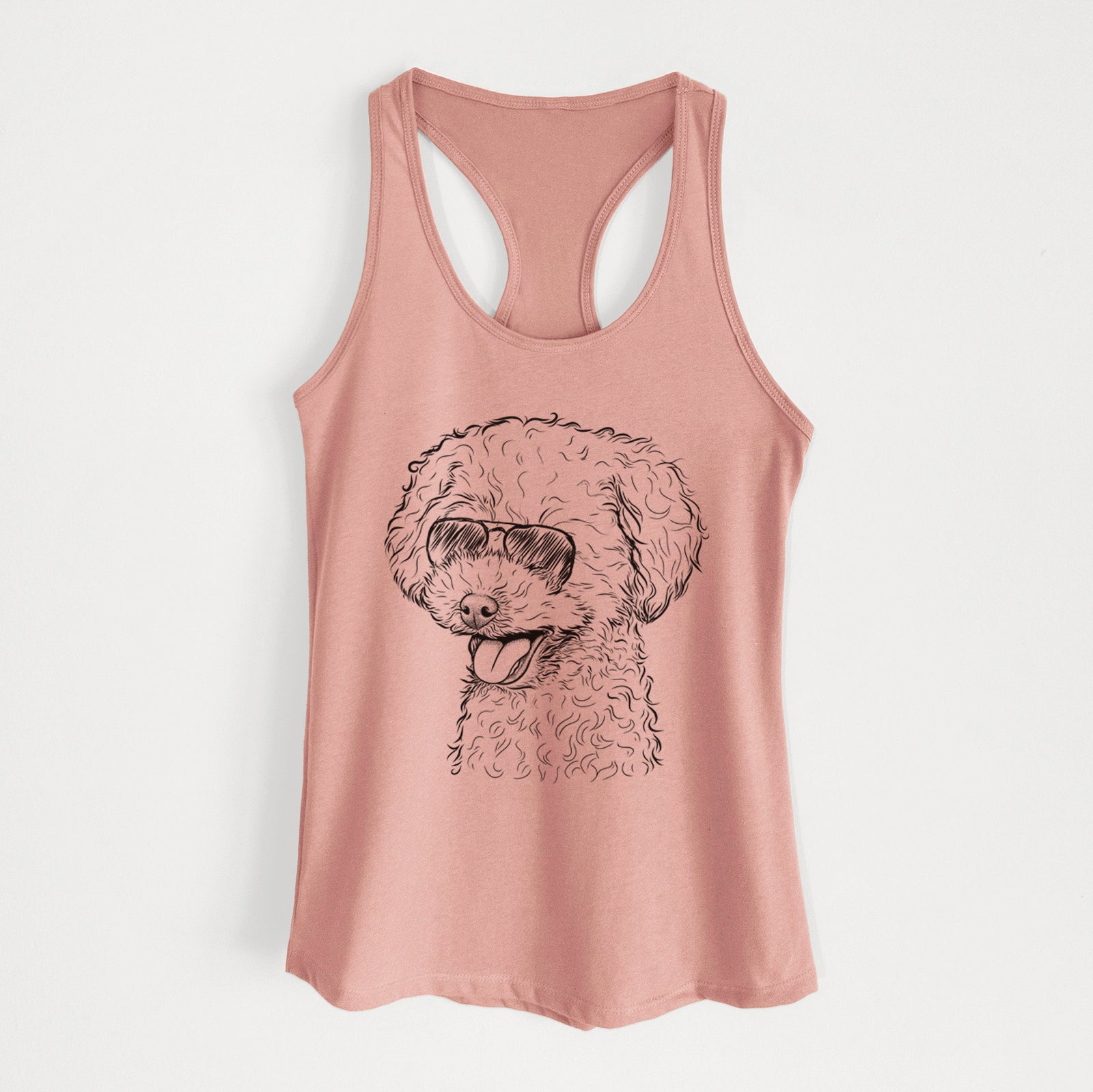Hand-drawn sketch of Rocky the Teacup Poodle wearing aviator sunglasses on a Desert Pink Women's racerback tanktop
