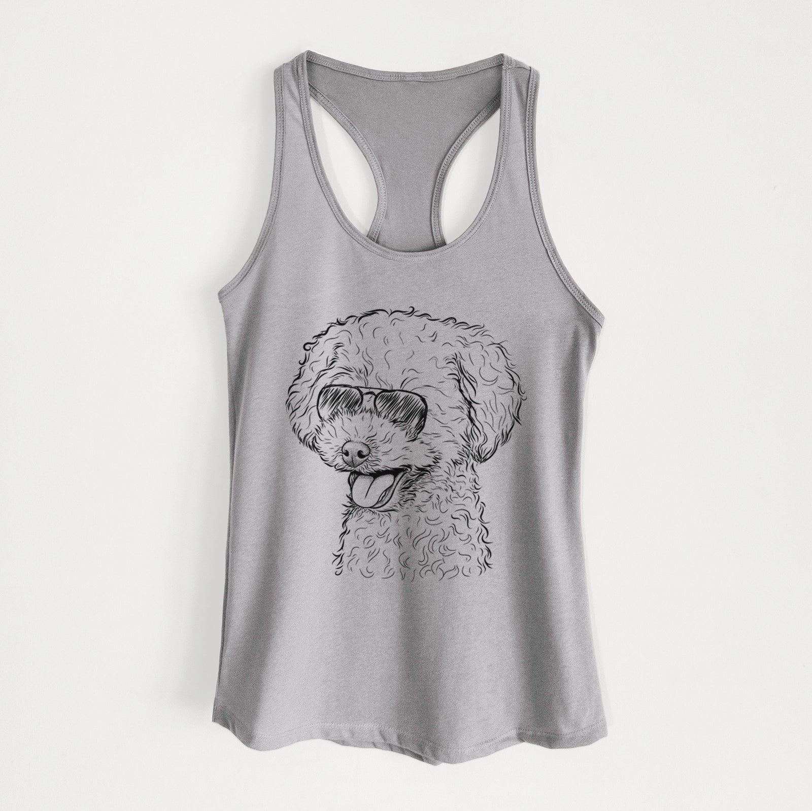 Hand-drawn sketch of Rocky the Teacup Poodle wearing aviator sunglasses on a Heather Grey Women's racerback tanktop