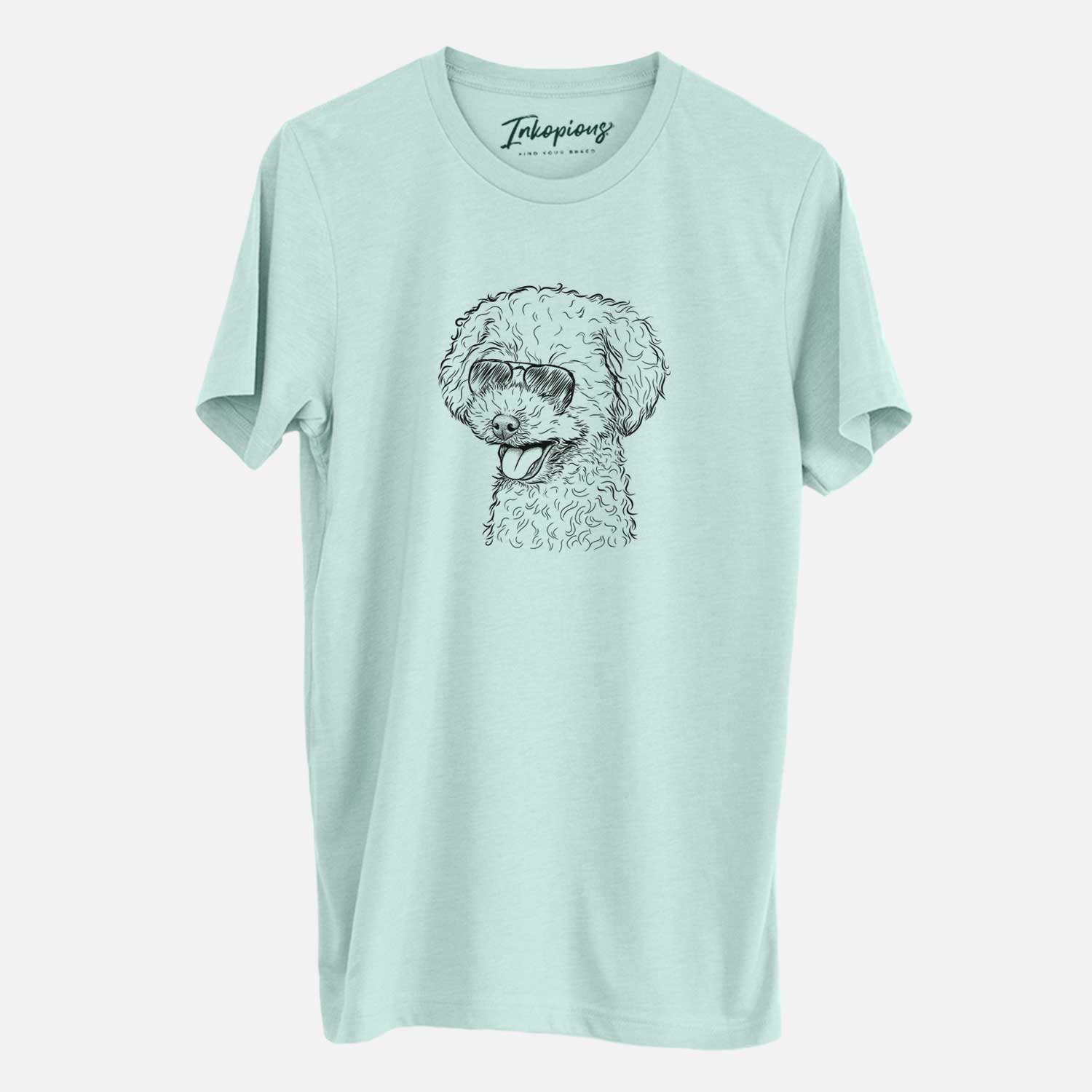 Hand-drawn sketch of Rocky the Teacup Poodle wearing aviator sunglasses on a Heather Sage Unisex crewneck