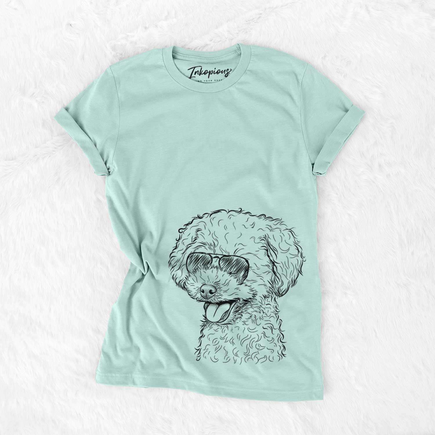 Hand-drawn sketch of Rocky the Teacup Poodle wearing aviator sunglasses on a Heather Sage Unisex crewneck
