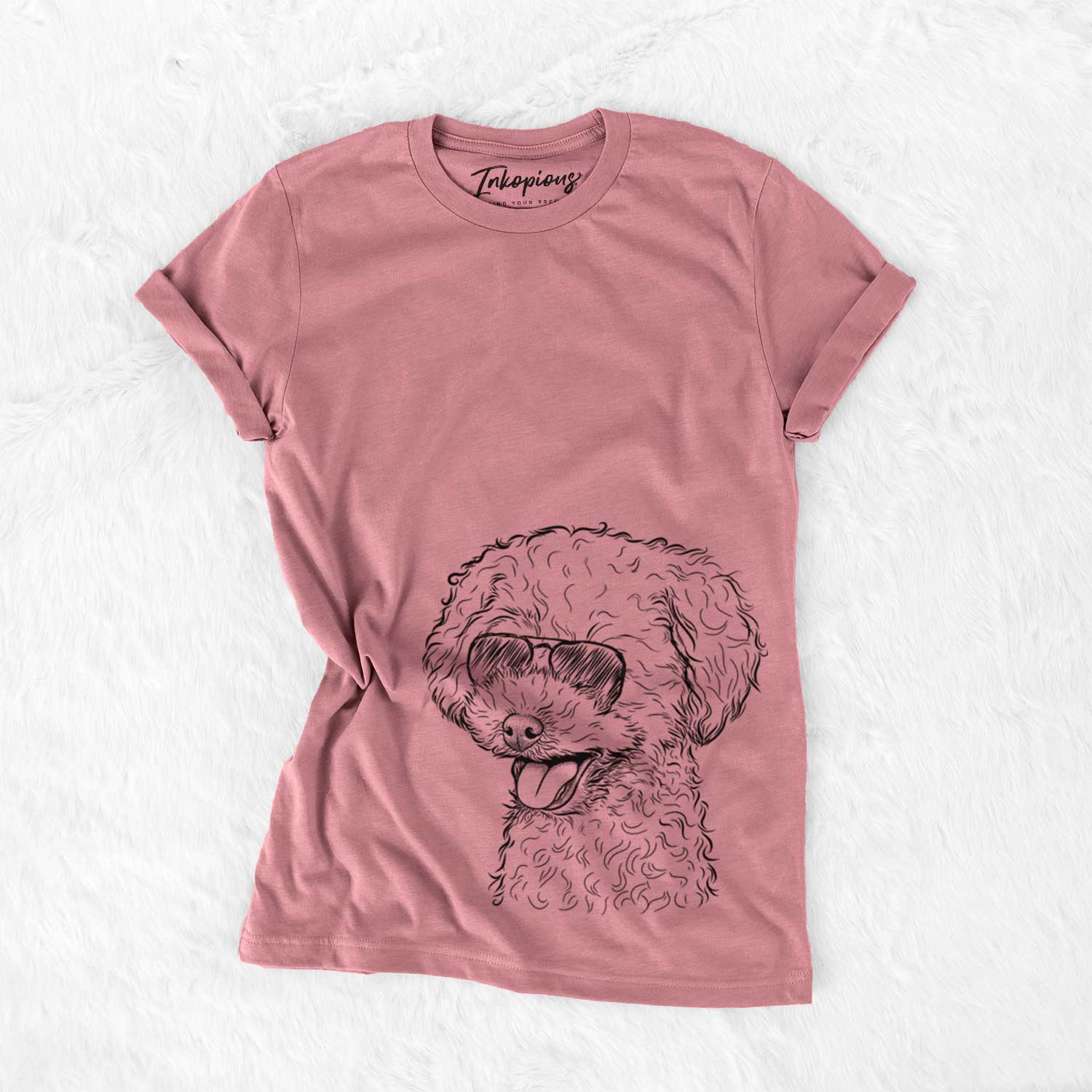 Hand-drawn sketch of Rocky the Teacup Poodle wearing aviator sunglasses on a Mauve Unisex crewneck