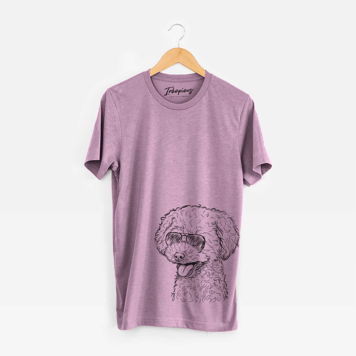 Hand-drawn sketch of Rocky the Teacup Poodle wearing aviator sunglasses on an Orchid Unisex crewneck