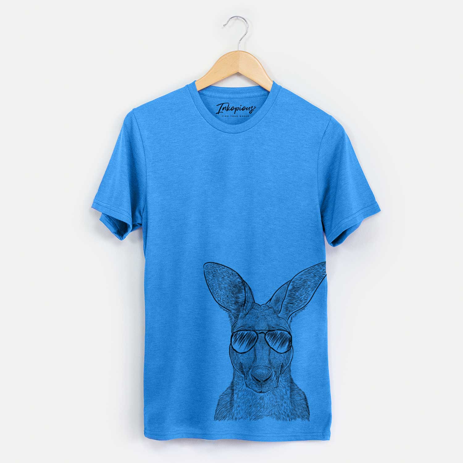 Hand-drawn sketch of Roger the Red Kangaroo wearing aviator sunglasses on a Blue Unisex crewneck