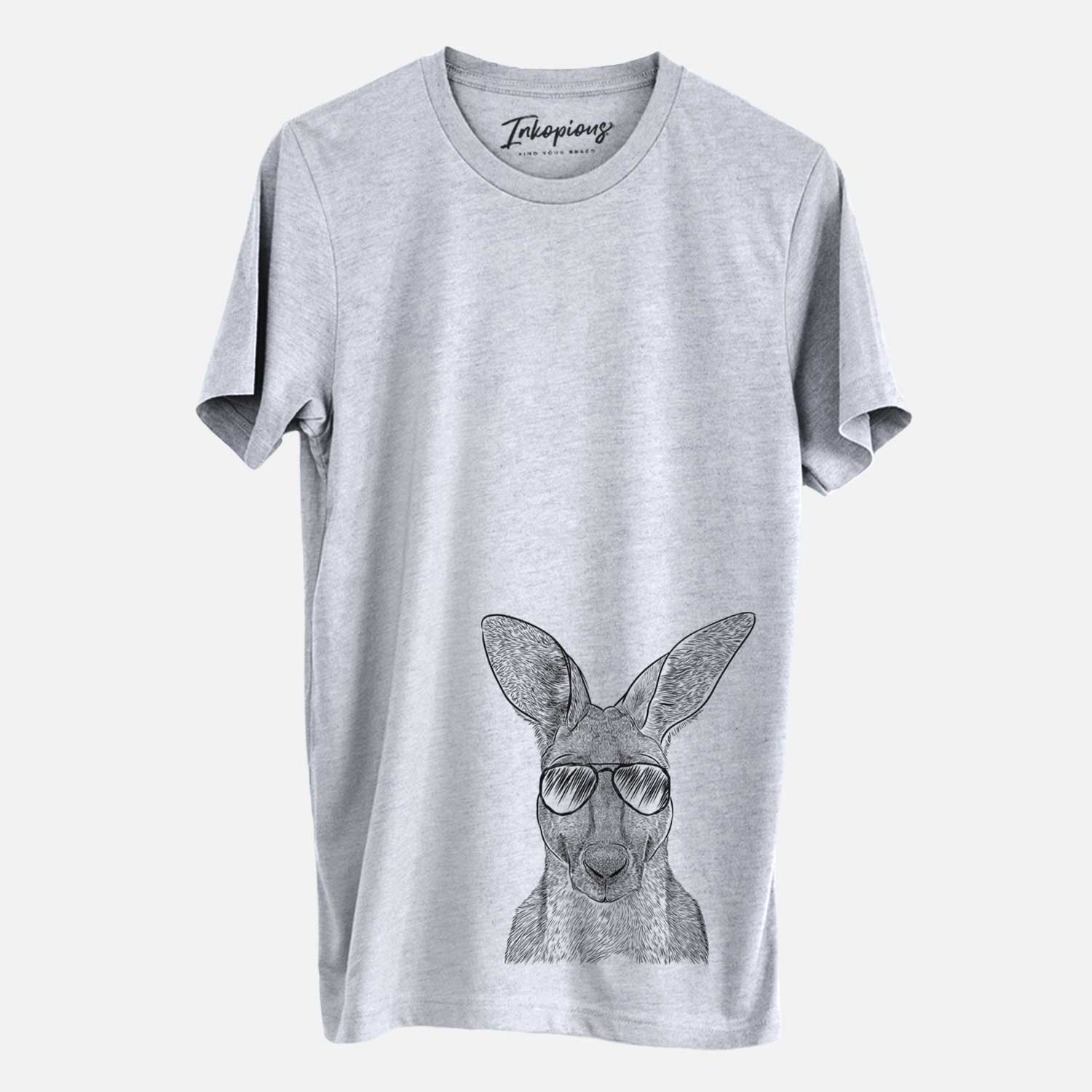 Hand-drawn sketch of Roger the Red Kangaroo wearing aviator sunglasses on a Grey Unisex crewneck