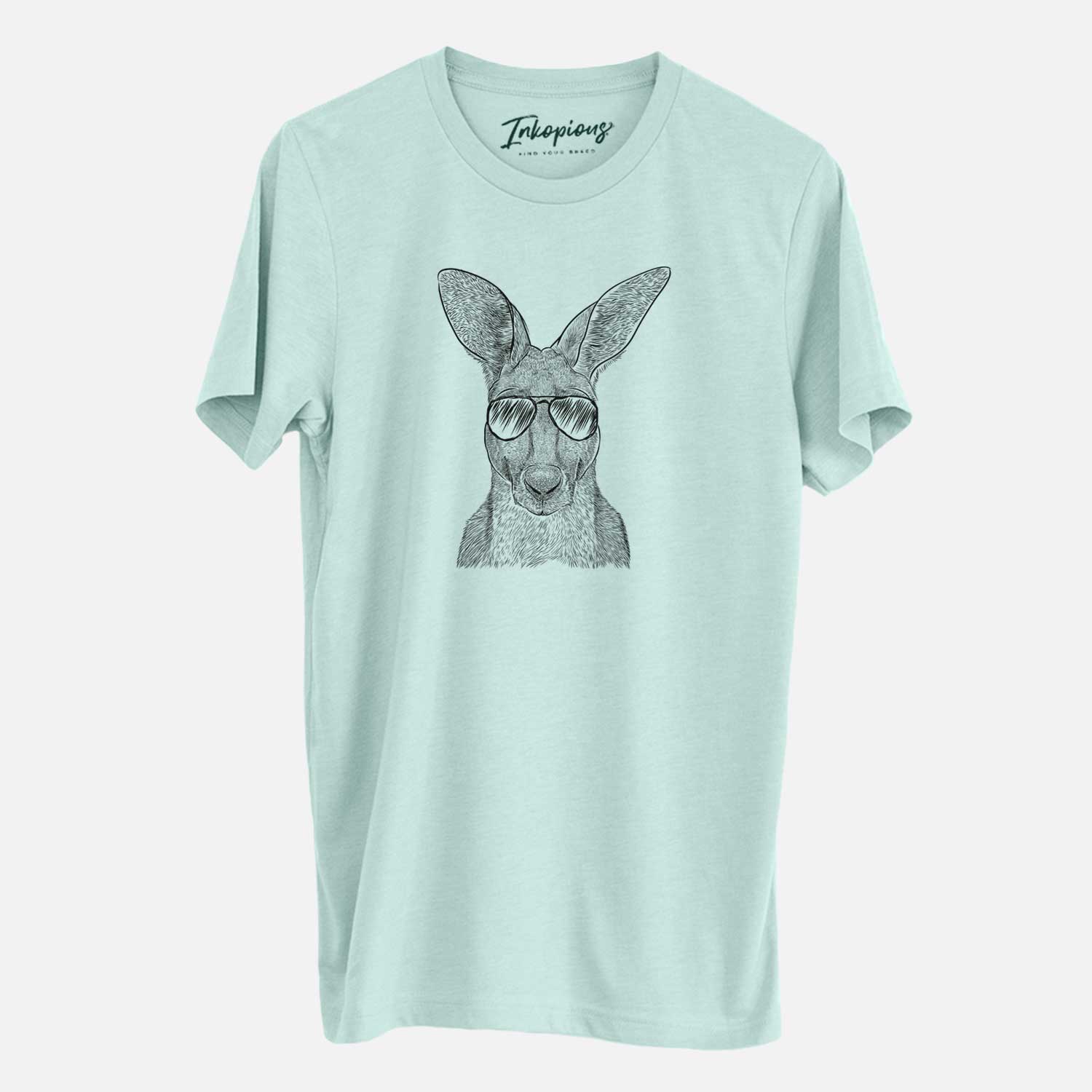 Hand-drawn sketch of Roger the Red Kangaroo wearing aviator sunglasses on a Heather Sage Unisex crewneck
