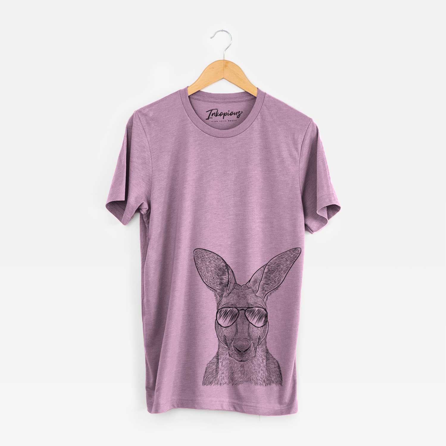 Hand-drawn sketch of Roger the Red Kangaroo wearing aviator sunglasses on an Orchid Unisex crewneck