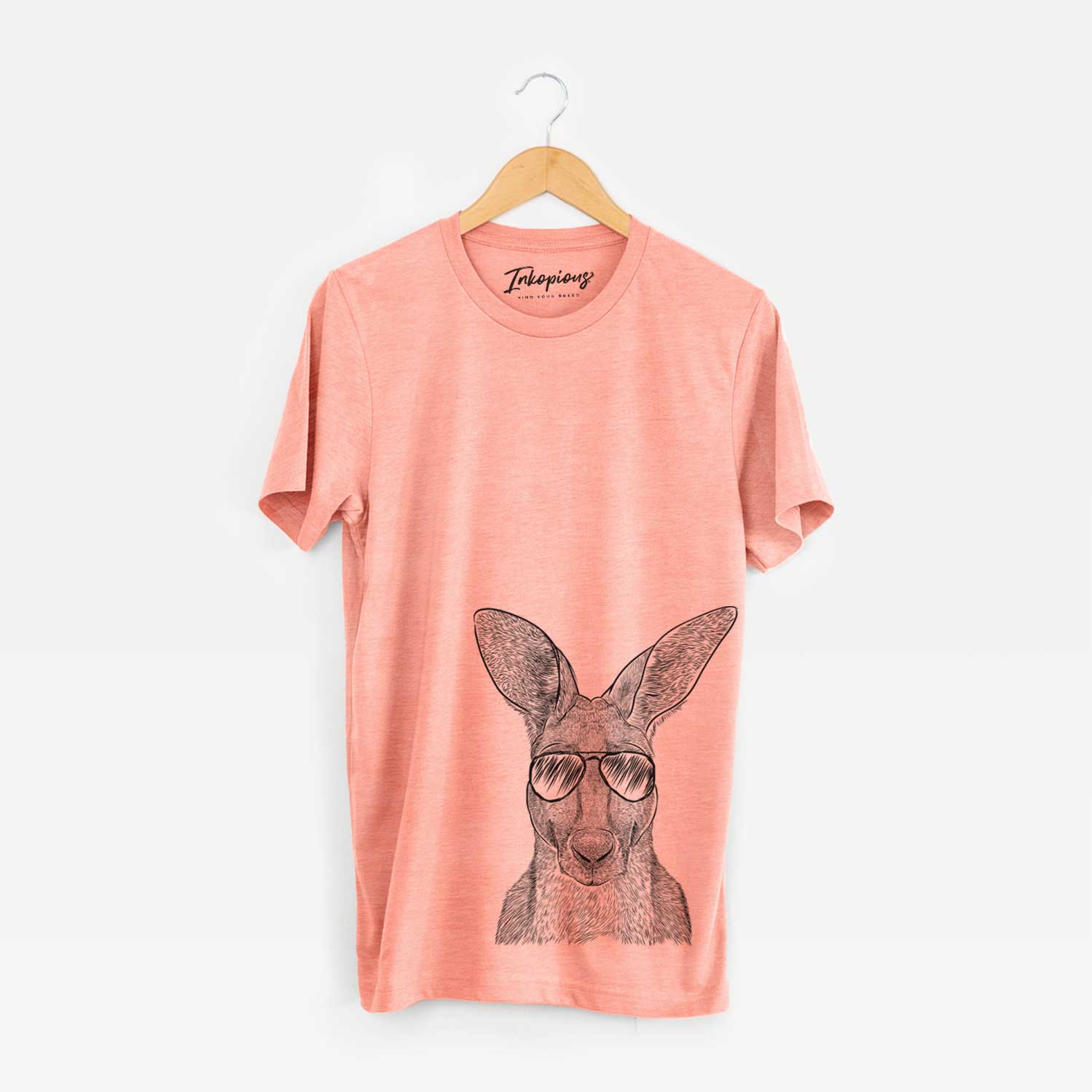 Hand-drawn sketch of Roger the Red Kangaroo wearing aviator sunglasses on a Sunset Unisex crewneck
