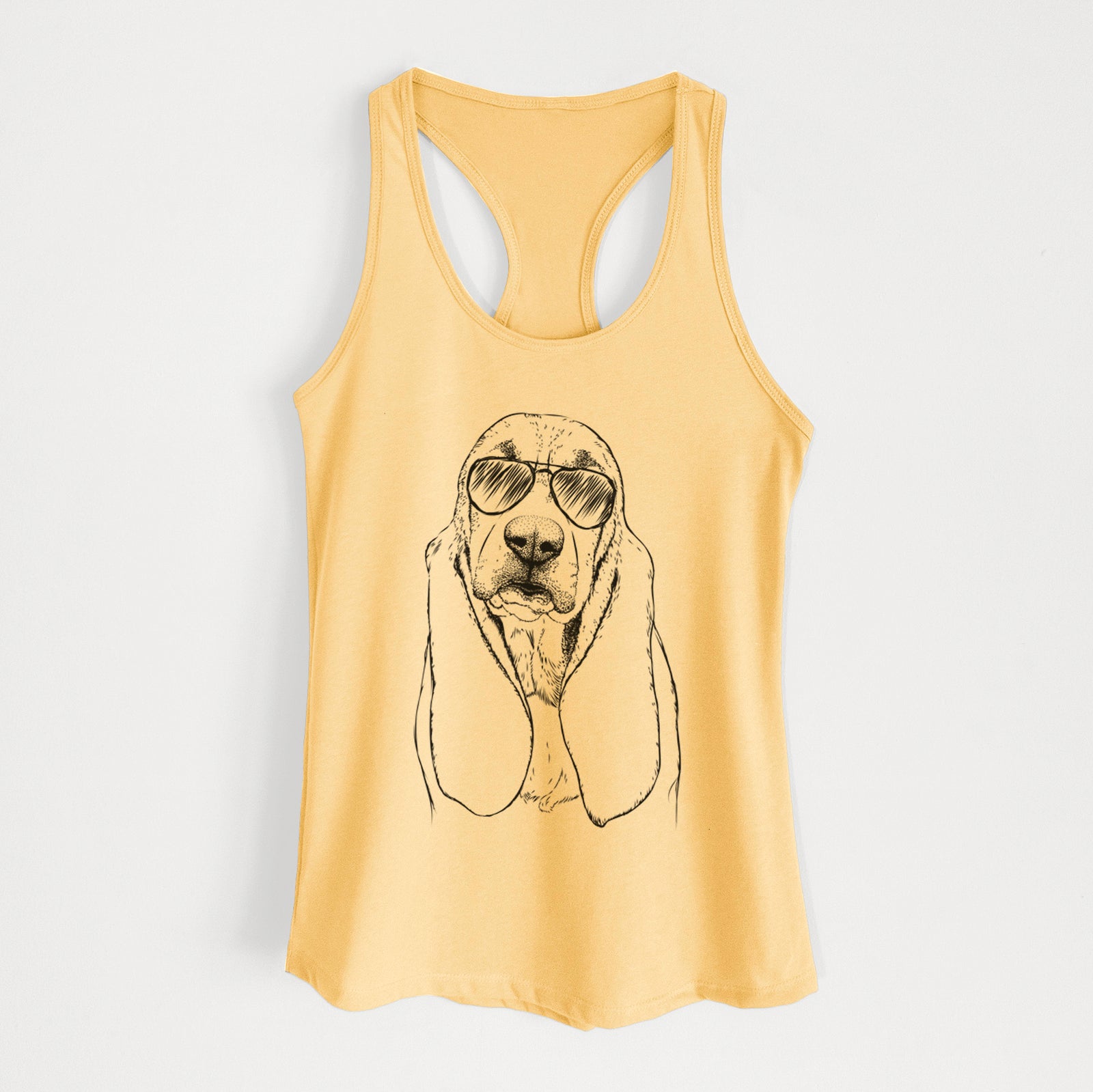 Hand-drawn sketch of Rolo the Basset Hound wearing aviator sunglasses on a Banana Cream Women's racerback tanktop