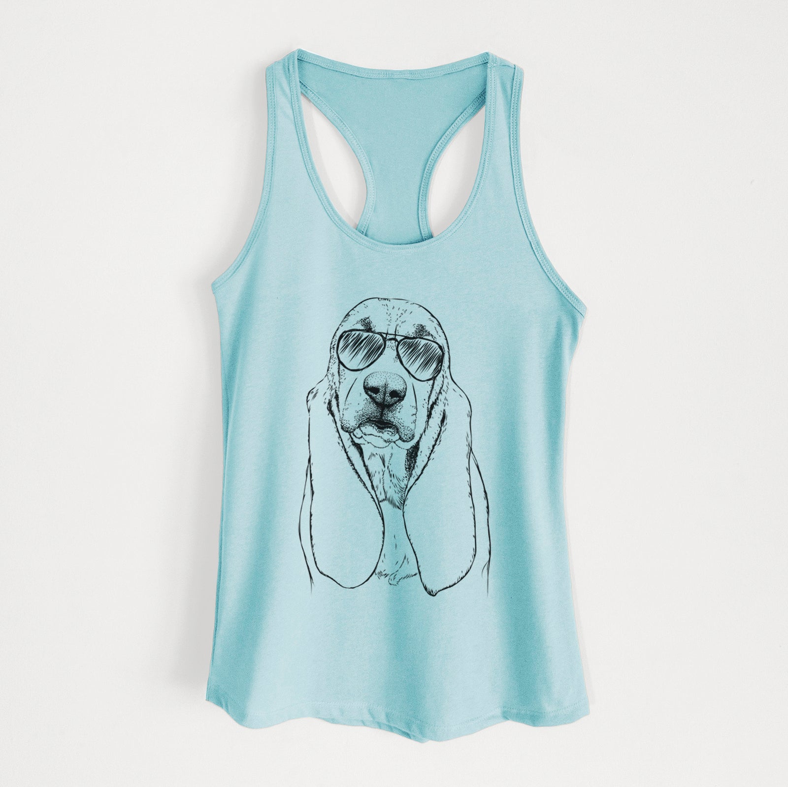 Hand-drawn sketch of Rolo the Basset Hound wearing aviator sunglasses on a Cancun Blue Women's racerback tanktop