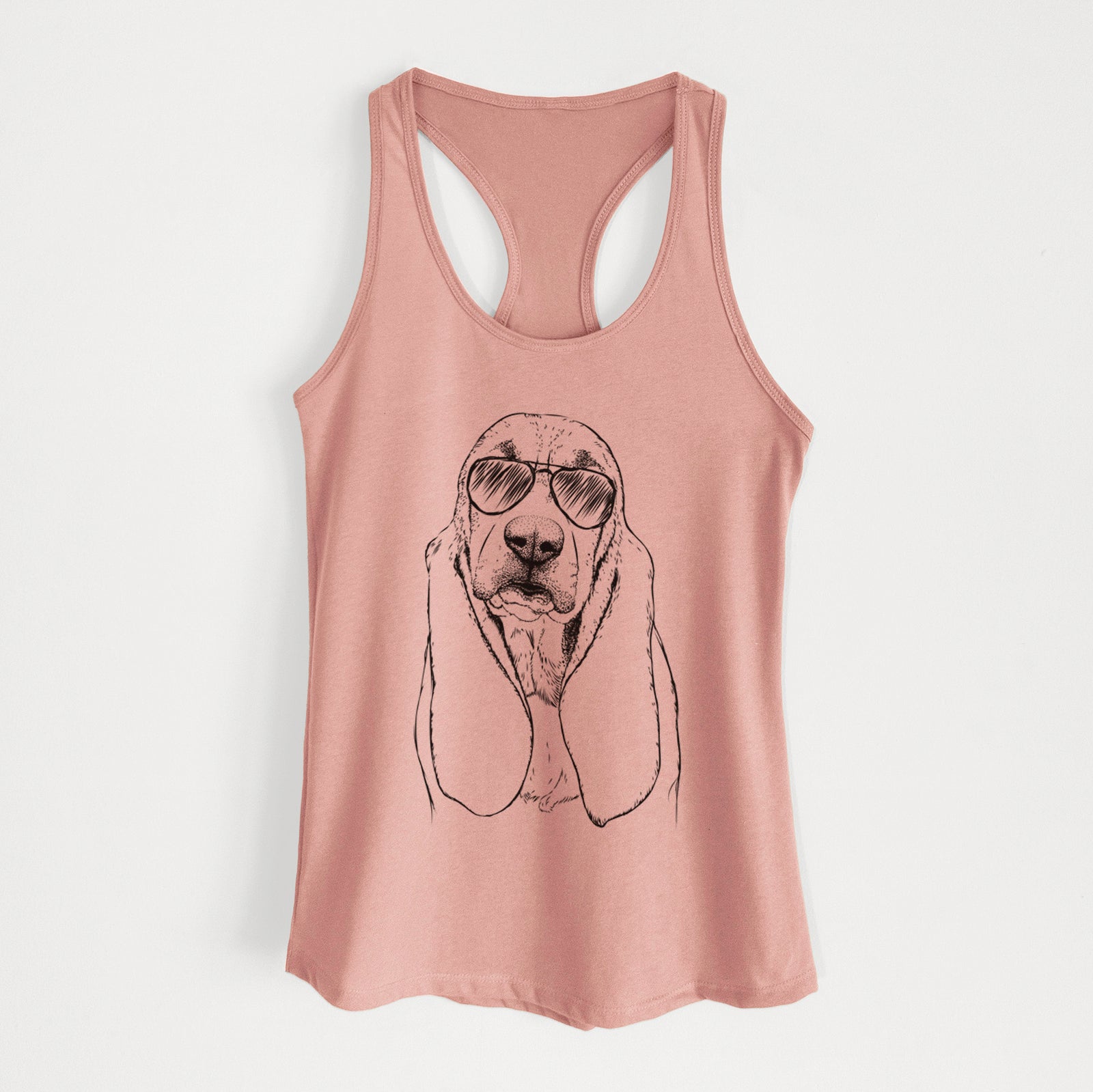 Hand-drawn sketch of Rolo the Basset Hound wearing aviator sunglasses on a Desert Pink Women's racerback tanktop