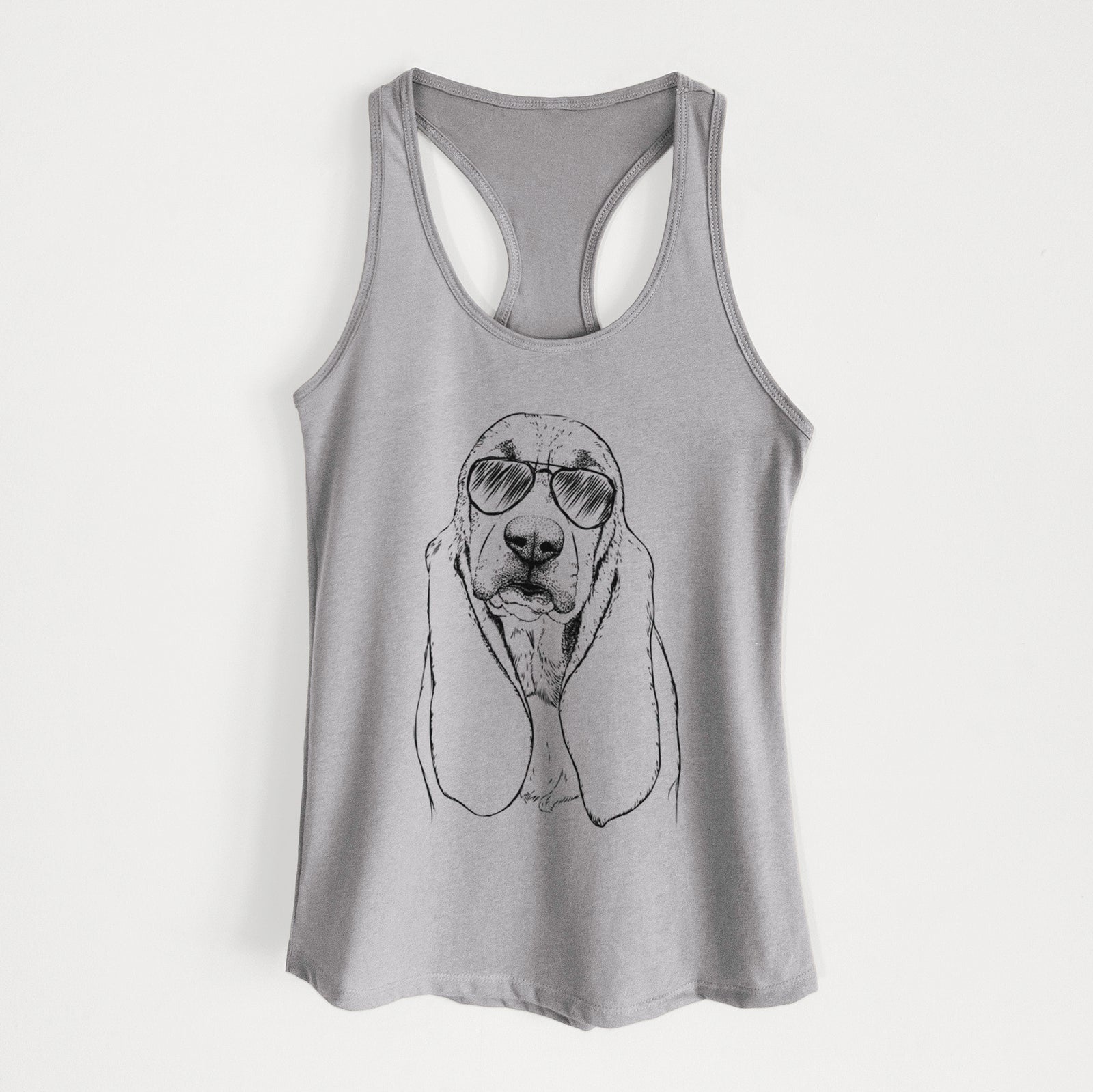 Hand-drawn sketch of Rolo the Basset Hound wearing aviator sunglasses on a Heather Grey Women's racerback tanktop