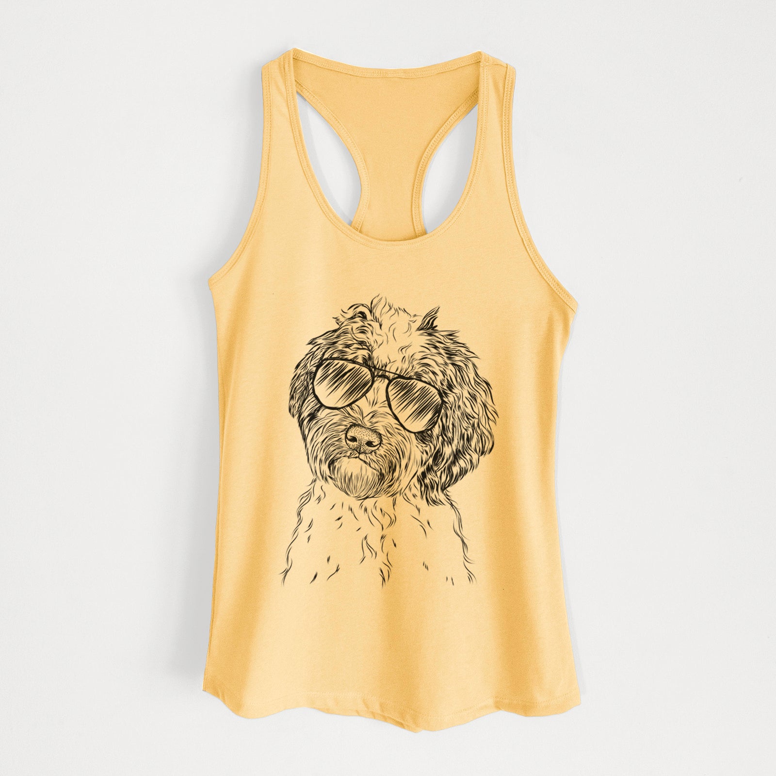 Hand-drawn sketch of Rooney the Aussiedoodle wearing aviator sunglasses on a Banana Cream Women's racerback tanktop