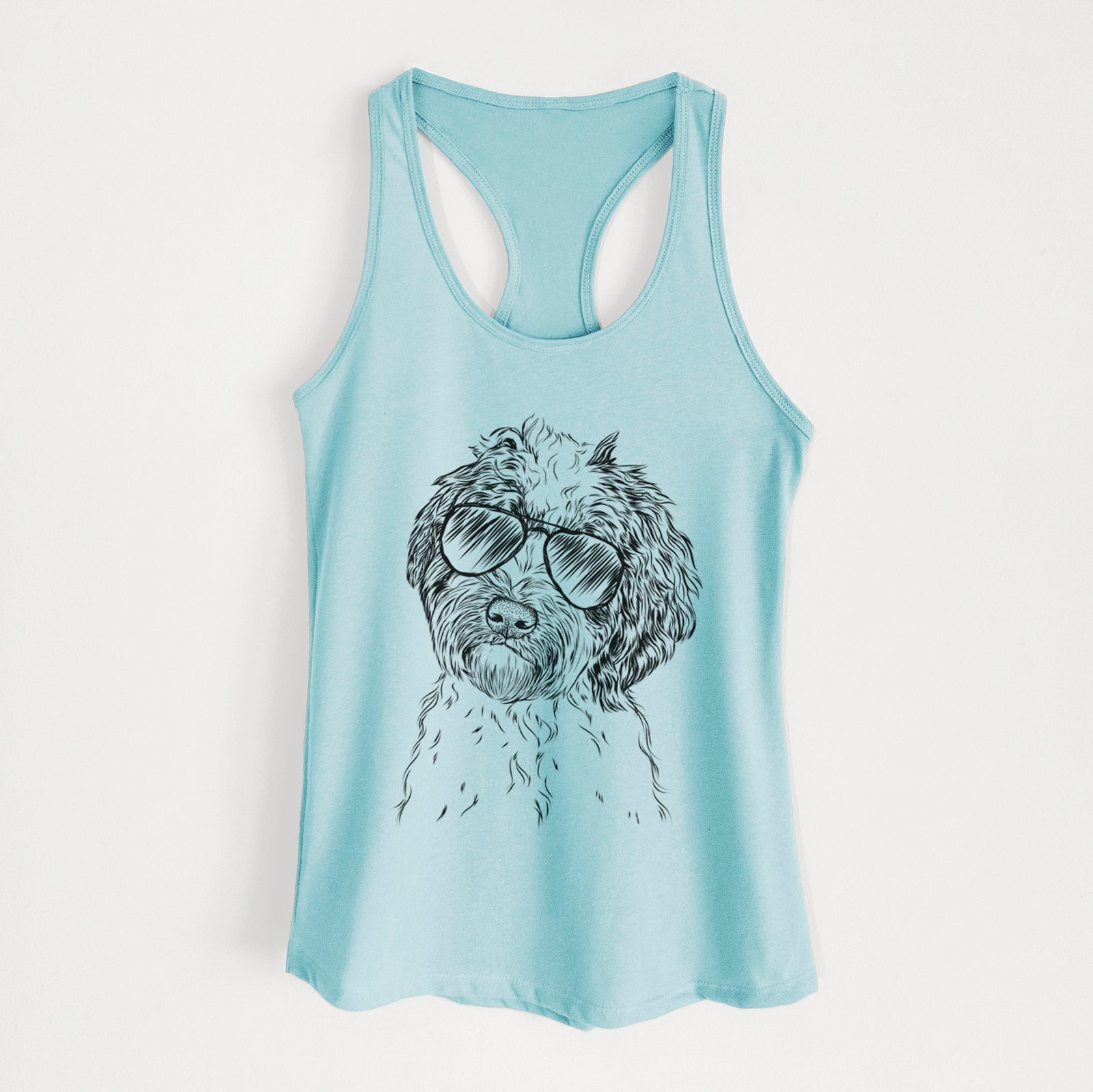 Hand-drawn sketch of Rooney the Aussiedoodle wearing aviator sunglasses on a Cancun Blue Women's racerback tanktop