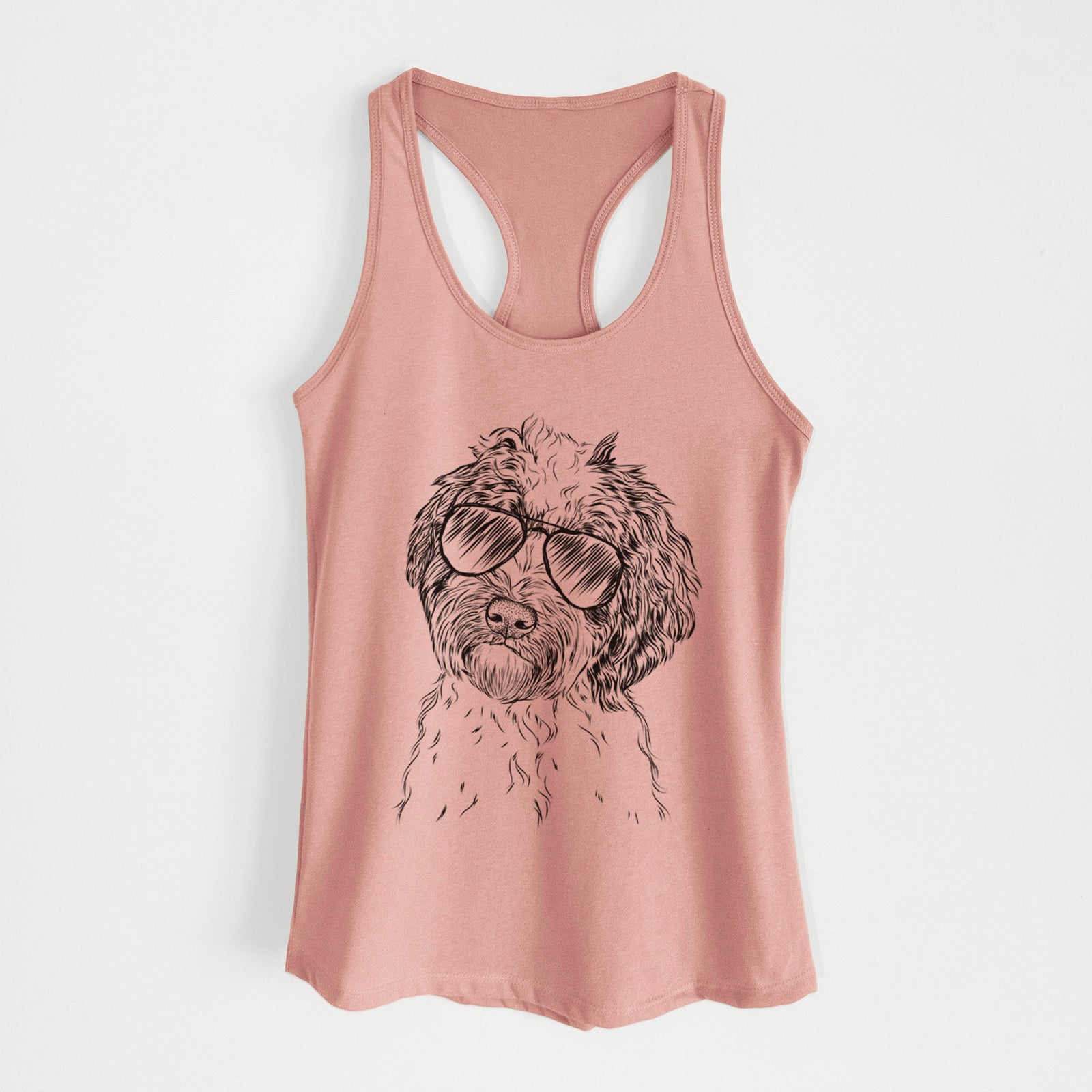 Hand-drawn sketch of Rooney the Aussiedoodle wearing aviator sunglasses on a Desert Pink Women's racerback tanktop