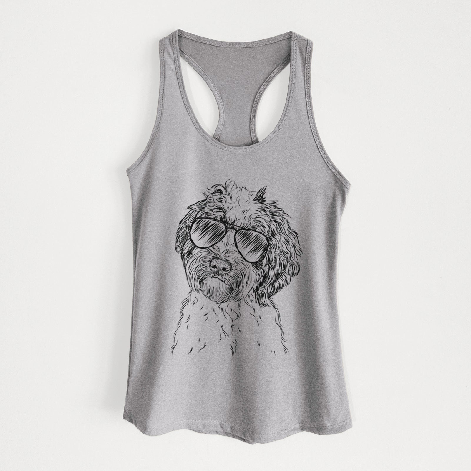 Hand-drawn sketch of Rooney the Aussiedoodle wearing aviator sunglasses on a Heather Grey Women's racerback tanktop
