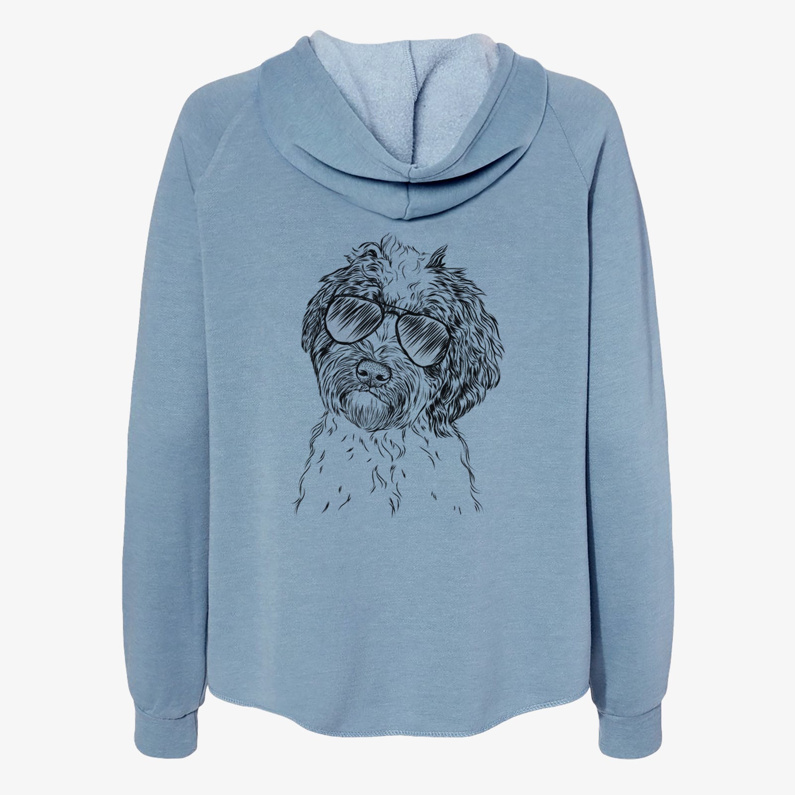 Hand-drawn sketch of Rooney the Aussiedoodle wearing aviator sunglasses on a Misty Blue Women's cali wave zip-up sweatshirt