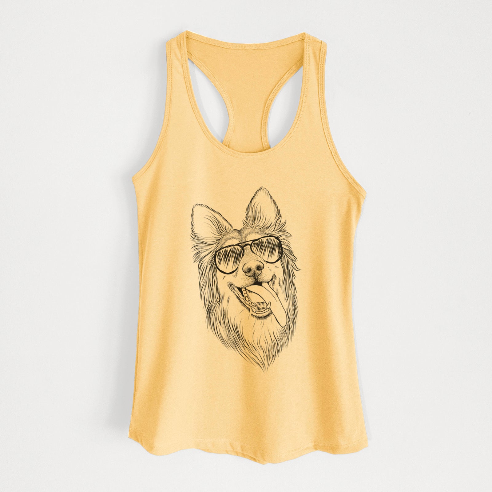 Hand-drawn sketch of Rosalie the German Shepherd Mix wearing aviator sunglasses on a Banana Cream Women's racerback tanktop
