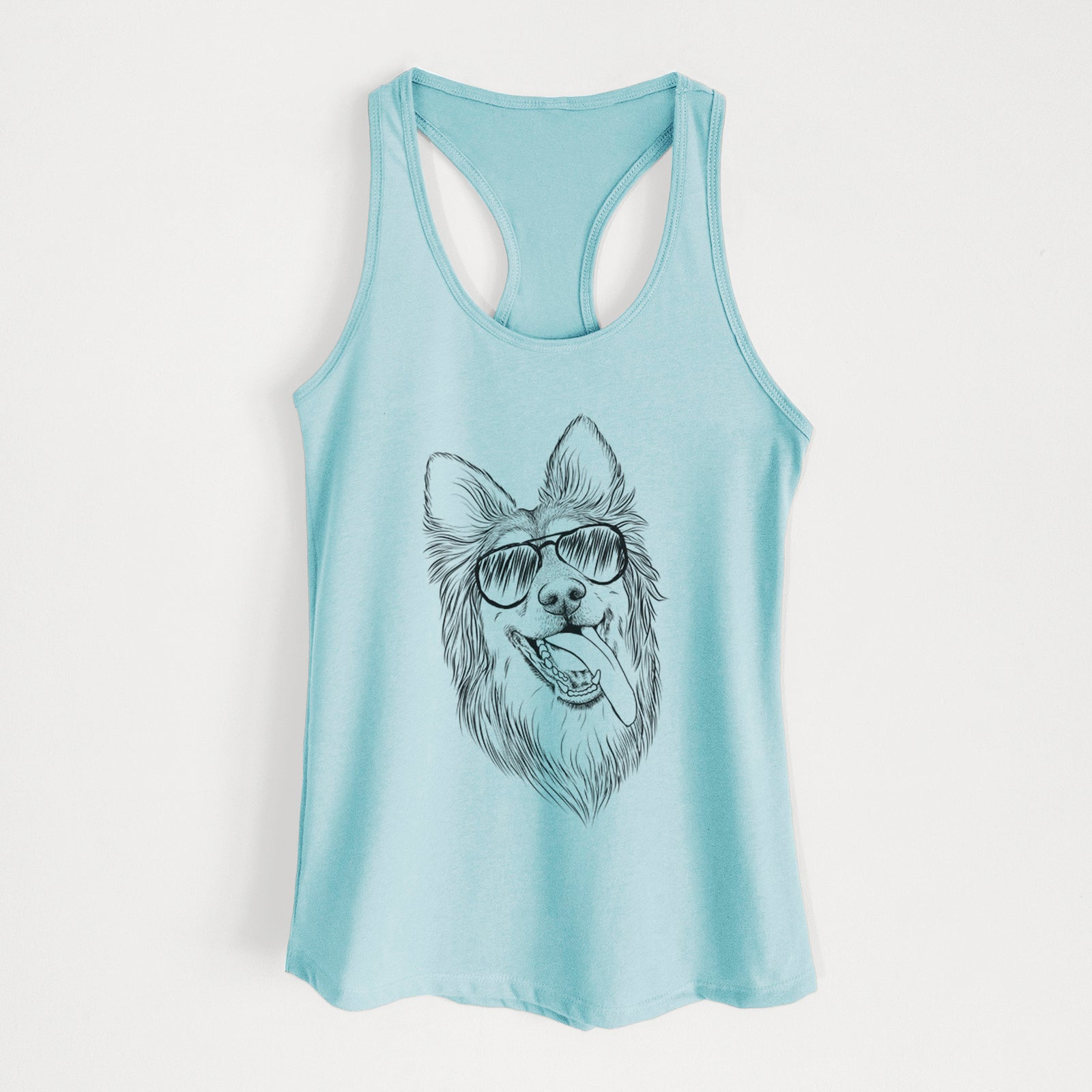 Hand-drawn sketch of Rosalie the German Shepherd Mix wearing aviator sunglasses on a Cancun Blue Women's racerback tanktop