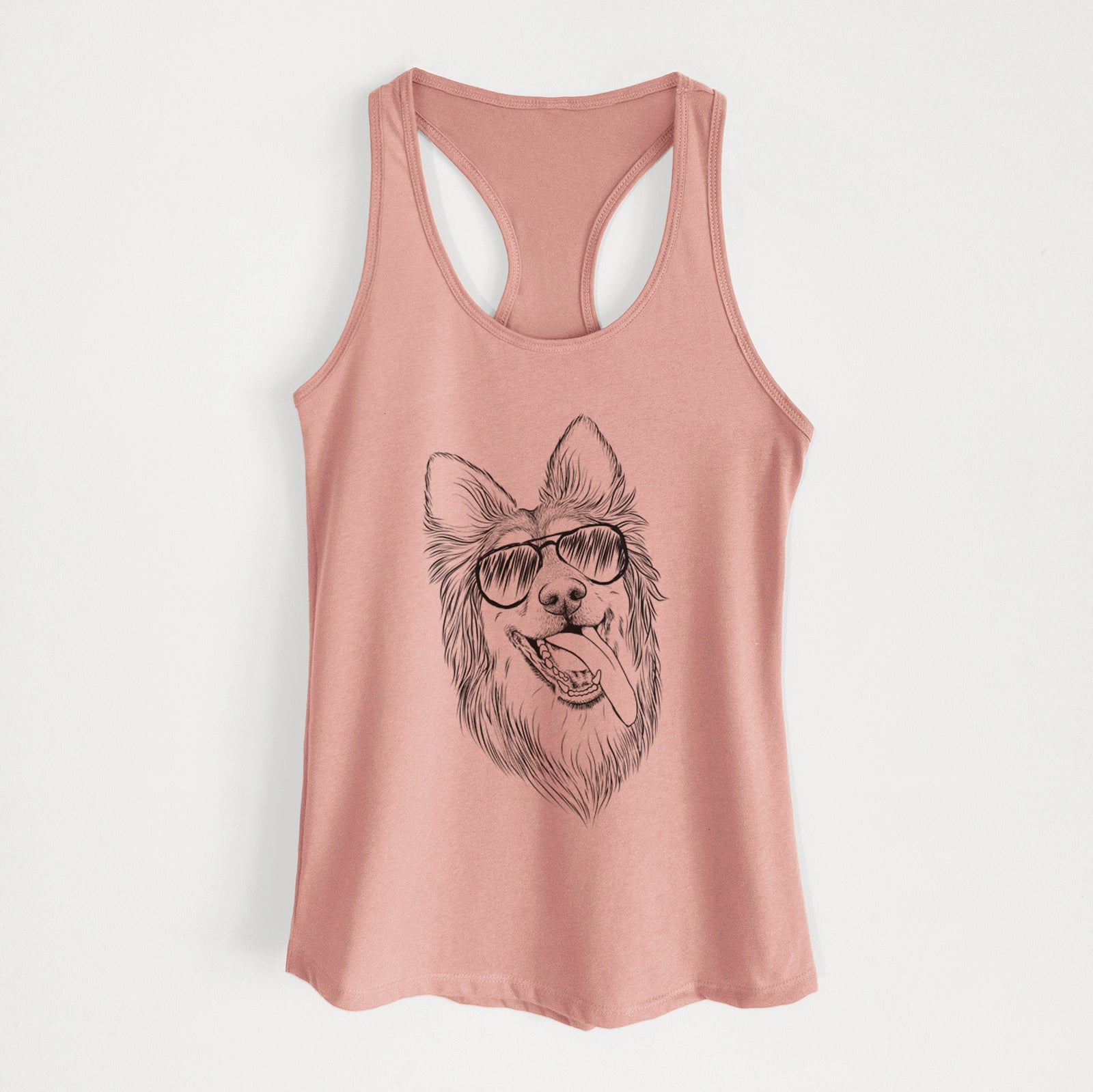 Hand-drawn sketch of Rosalie the German Shepherd Mix wearing aviator sunglasses on a Desert Pink Women's racerback tanktop
