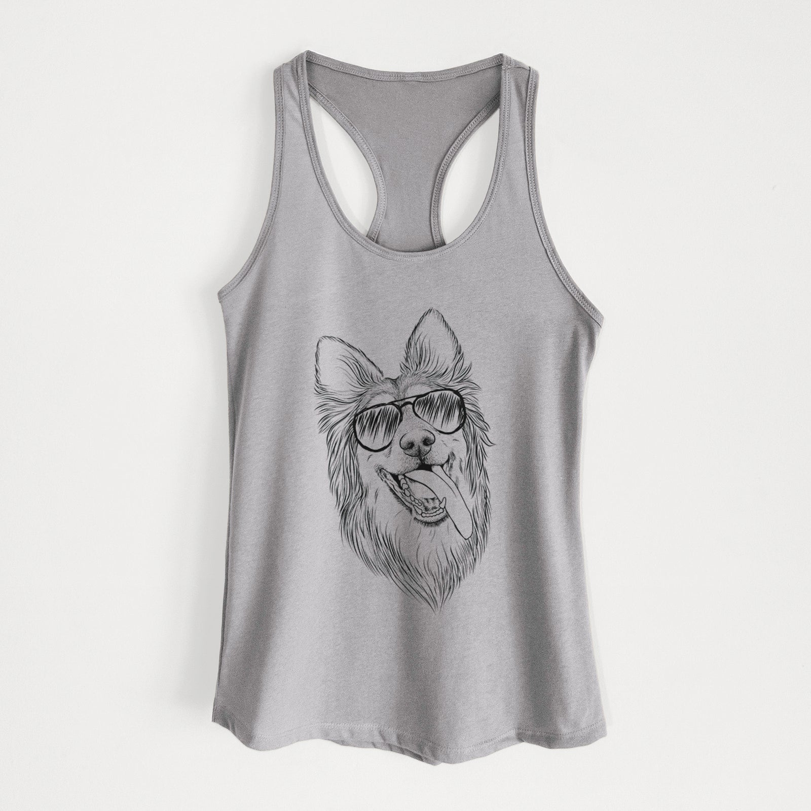 Hand-drawn sketch of Rosalie the German Shepherd Mix wearing aviator sunglasses on a Heather Grey Women's racerback tanktop