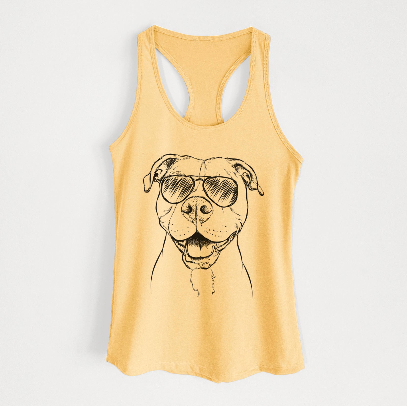 Hand-drawn sketch of Roscoe the Pitbull wearing aviator sunglasses on a Banana Cream Women's racerback tanktop