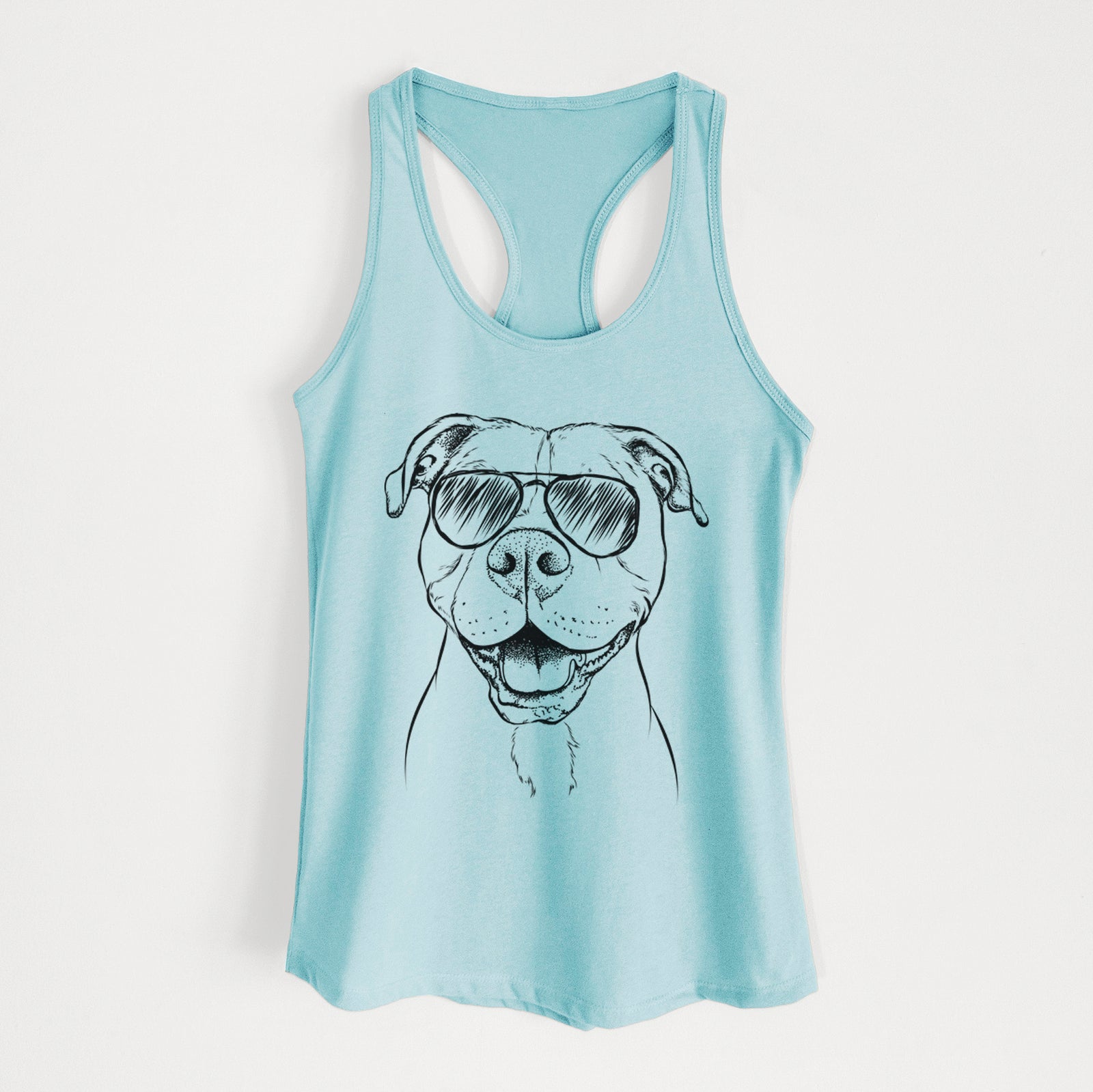 Hand-drawn sketch of Roscoe the Pitbull wearing aviator sunglasses on a Cancun Blue Women's racerback tanktop