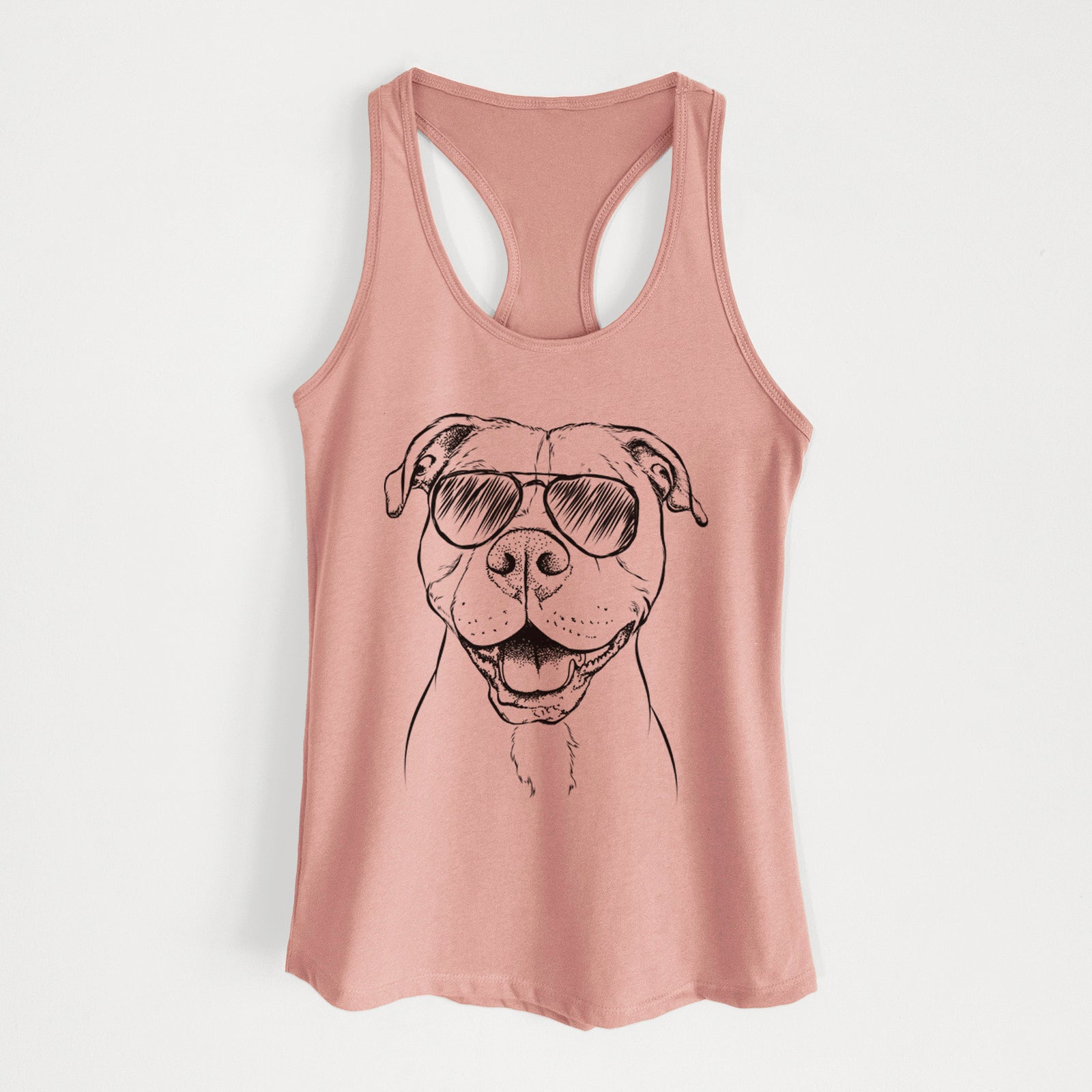 Hand-drawn sketch of Roscoe the Pitbull wearing aviator sunglasses on a Desert Pink Women's racerback tanktop