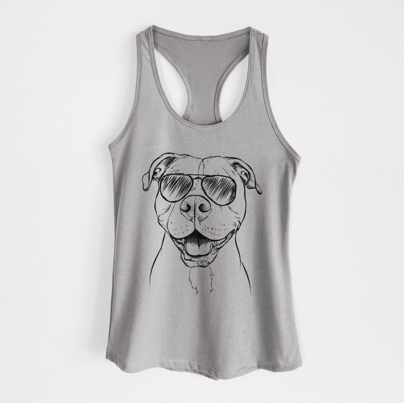 Hand-drawn sketch of Roscoe the Pitbull wearing aviator sunglasses on a Heather Grey Women's racerback tanktop