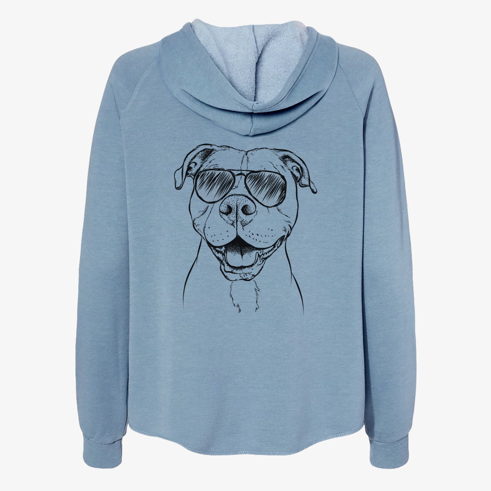 Hand-drawn sketch of Roscoe the Pitbull wearing aviator sunglasses on a Misty Blue Women's cali wave zip-up sweatshirt