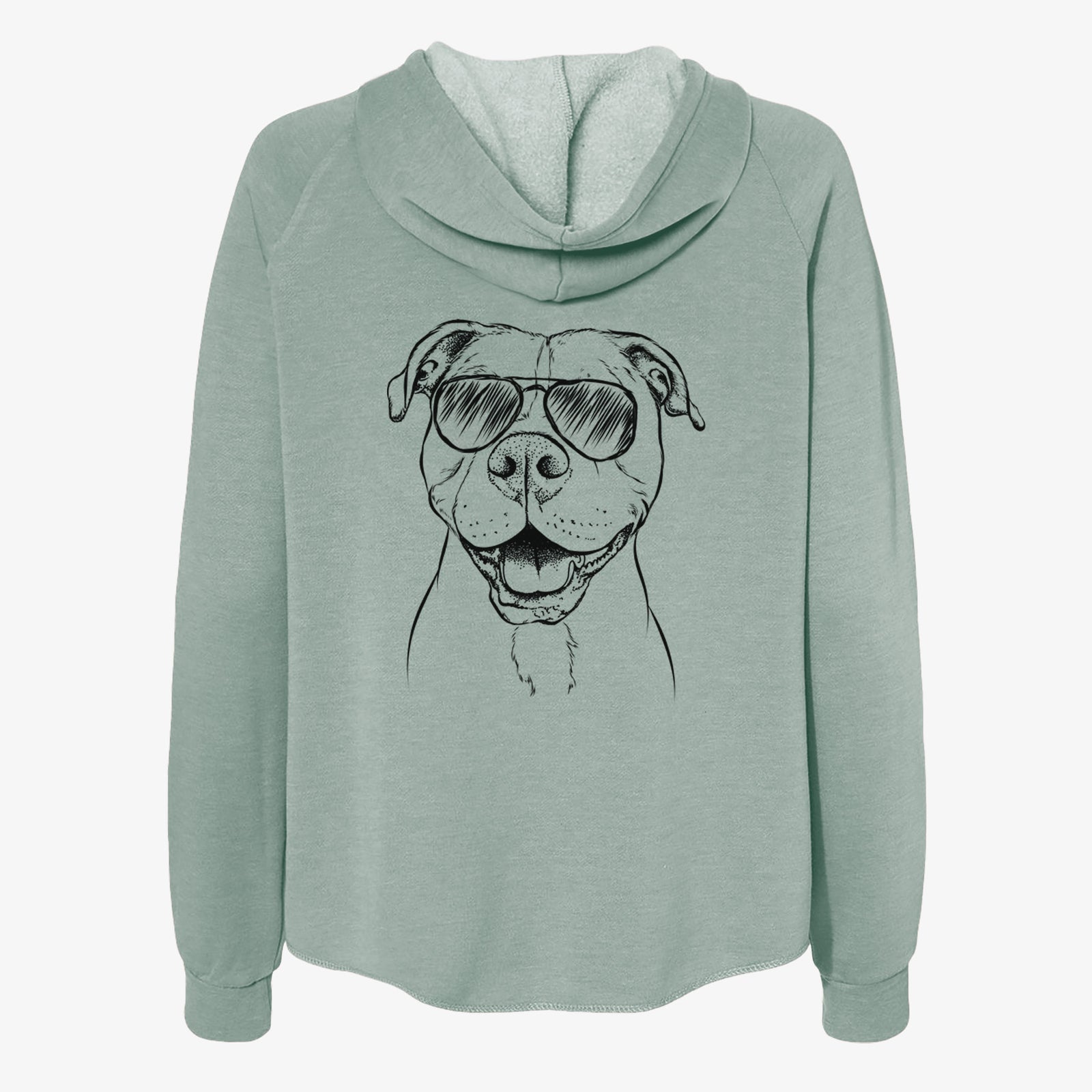 Hand-drawn sketch of Roscoe the Pitbull wearing aviator sunglasses on a Sage Women's cali wave zip-up sweatshirt