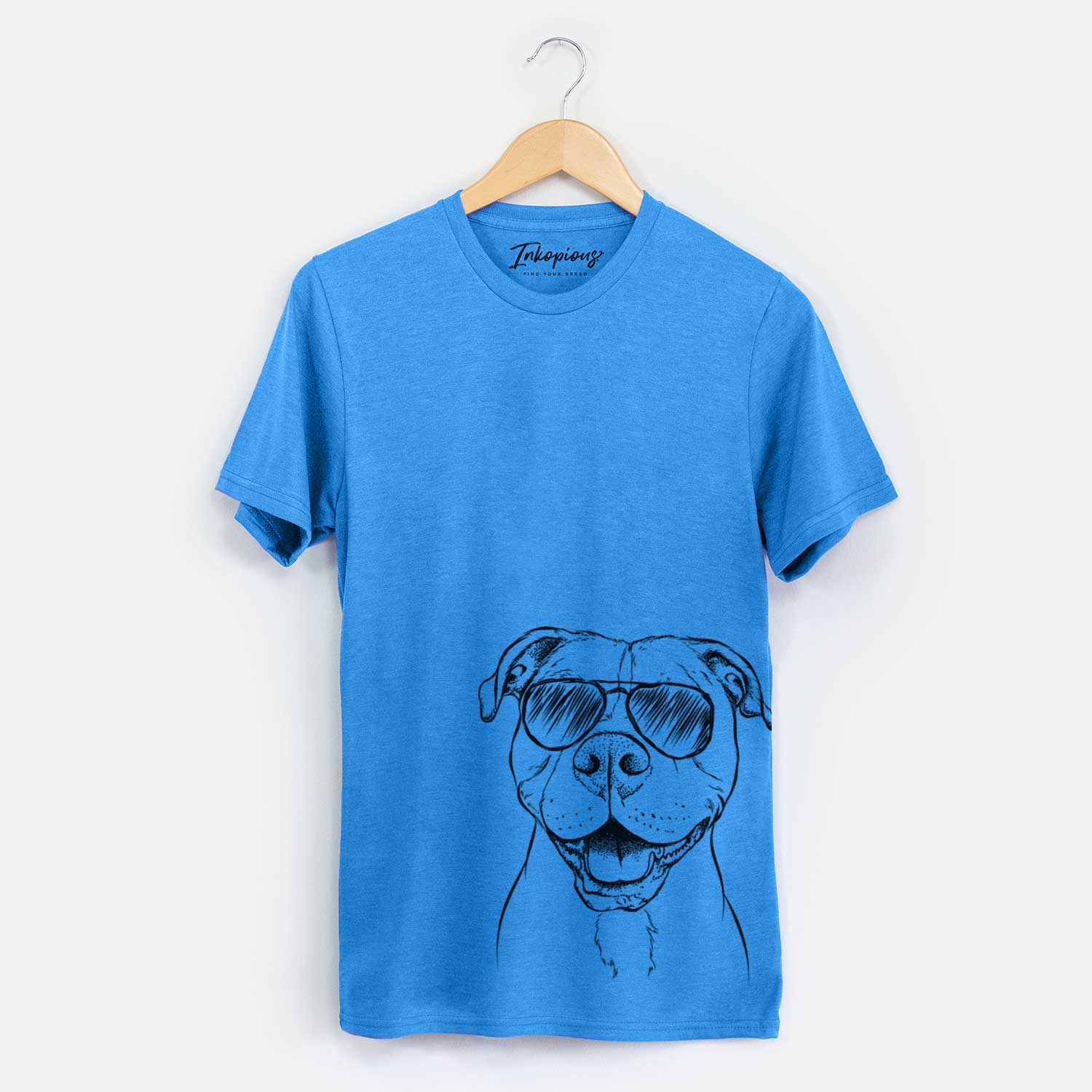 Hand-drawn sketch of Roscoe the Pitbull wearing aviator sunglasses on a Blue Unisex crewneck