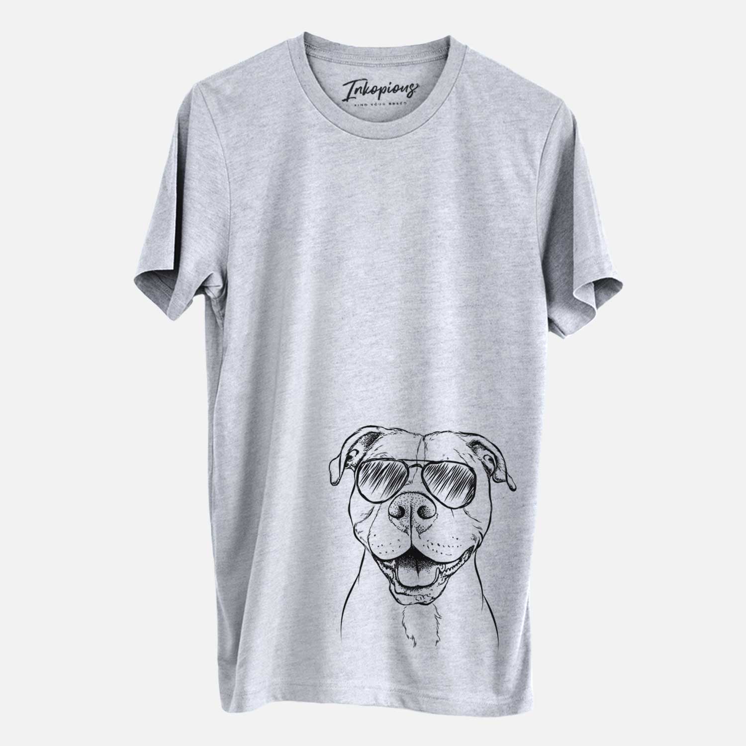 Hand-drawn sketch of Roscoe the Pitbull wearing aviator sunglasses on a Grey Unisex crewneck