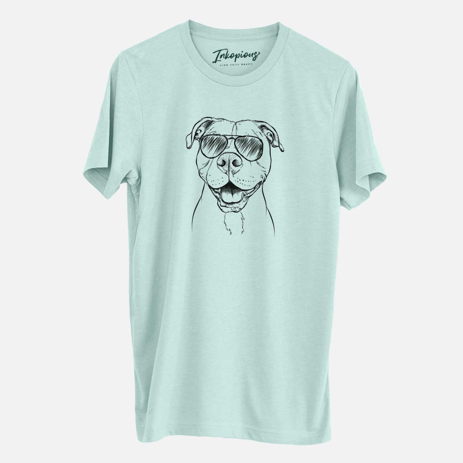 Hand-drawn sketch of Roscoe the Pitbull wearing aviator sunglasses on a Heather Sage Unisex crewneck