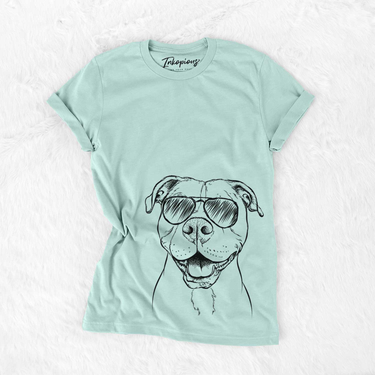 Hand-drawn sketch of Roscoe the Pitbull wearing aviator sunglasses on a Heather Sage Unisex crewneck