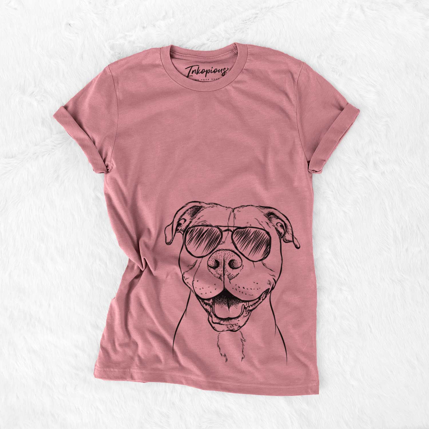 Hand-drawn sketch of Roscoe the Pitbull wearing aviator sunglasses on a Mauve Bella Canvas Unisex Crewneck
