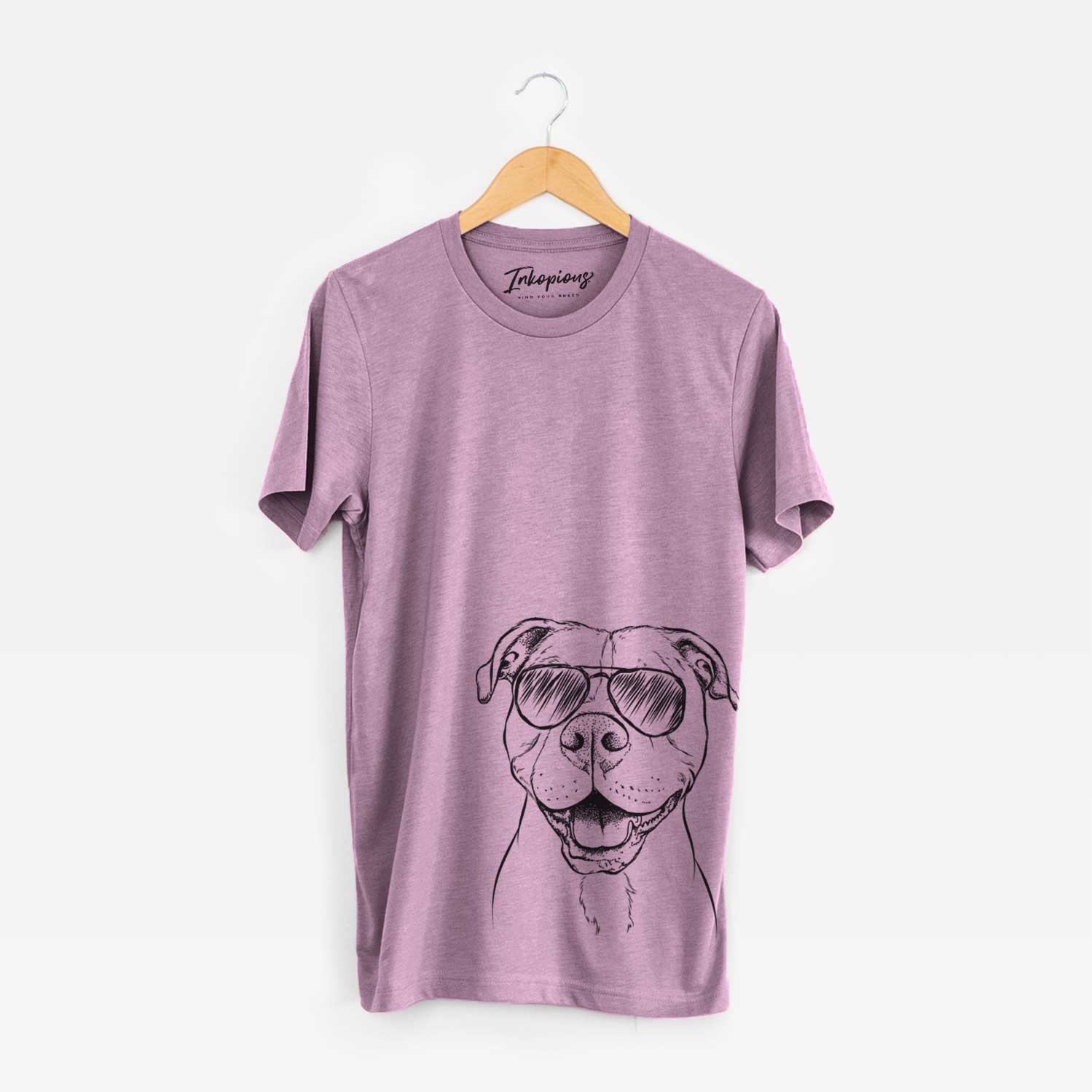 Hand-drawn sketch of Roscoe the Pitbull wearing aviator sunglasses on an Orchid Bella Canvas Unisex Crewneck