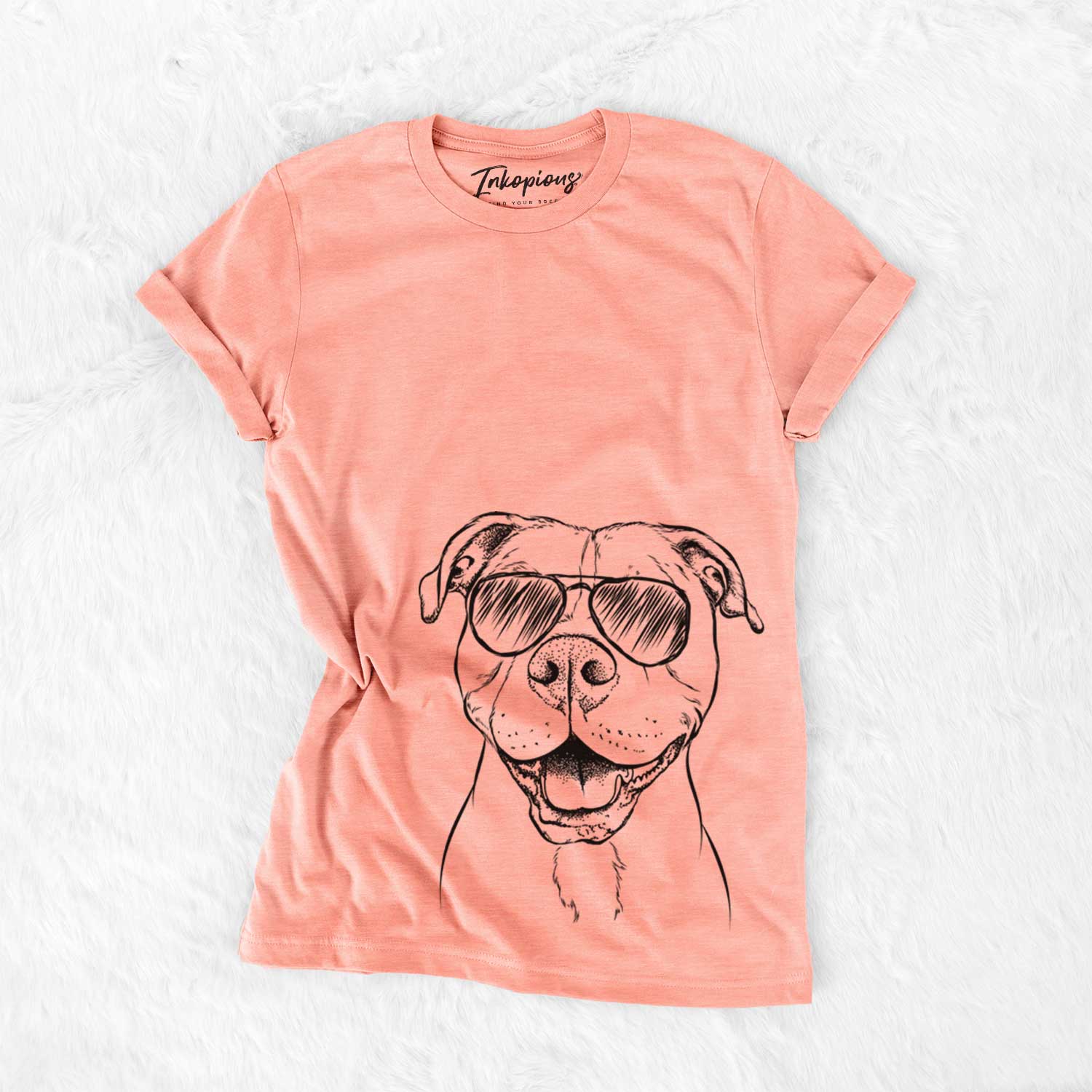 Hand-drawn sketch of Roscoe the Pitbull wearing aviator sunglasses on a Sunset Bella Canvas Unisex Crewneck
