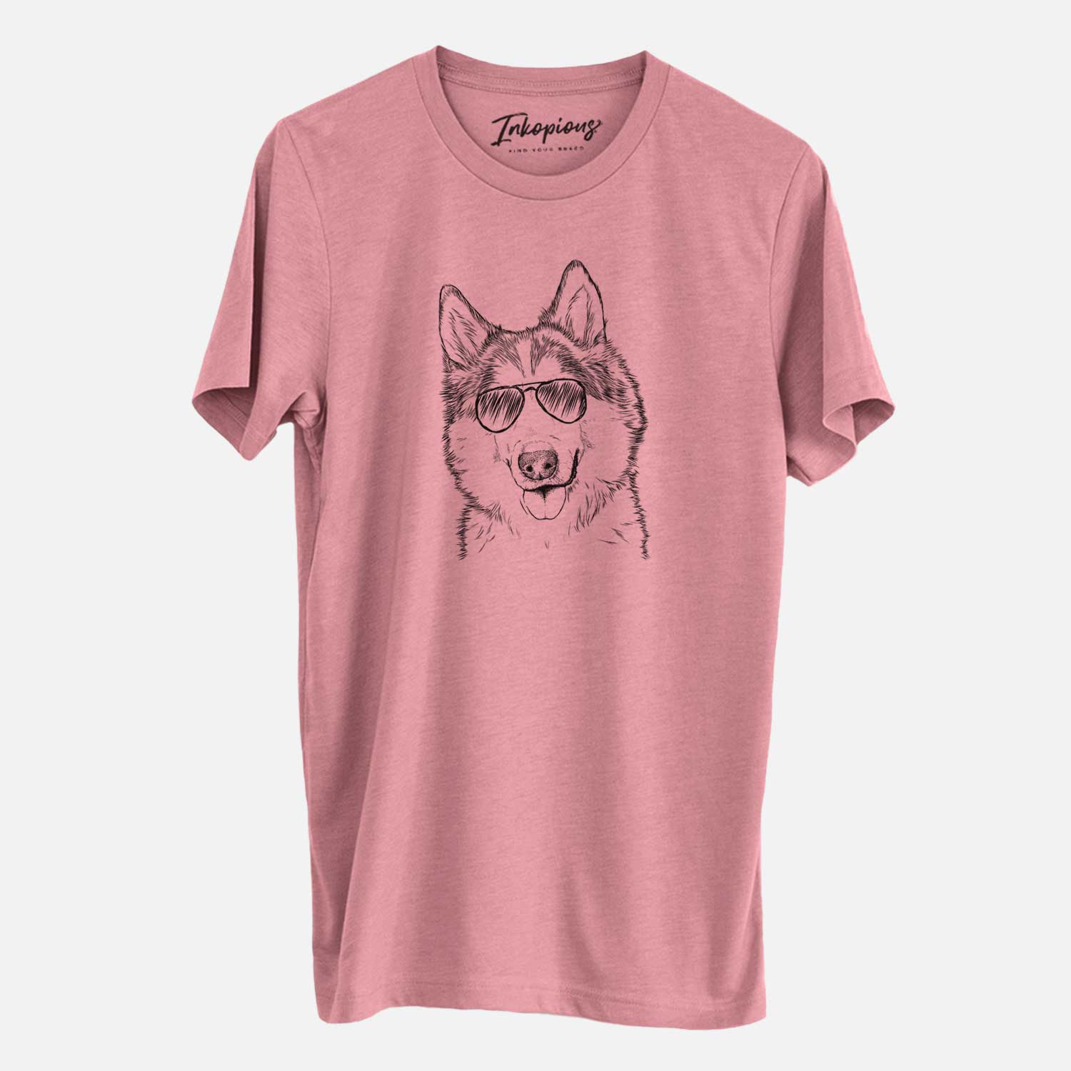 Hand-drawn sketch of Roshi the Mixed Breed wearing aviator sunglasses on a Mauve Unisex crewneck