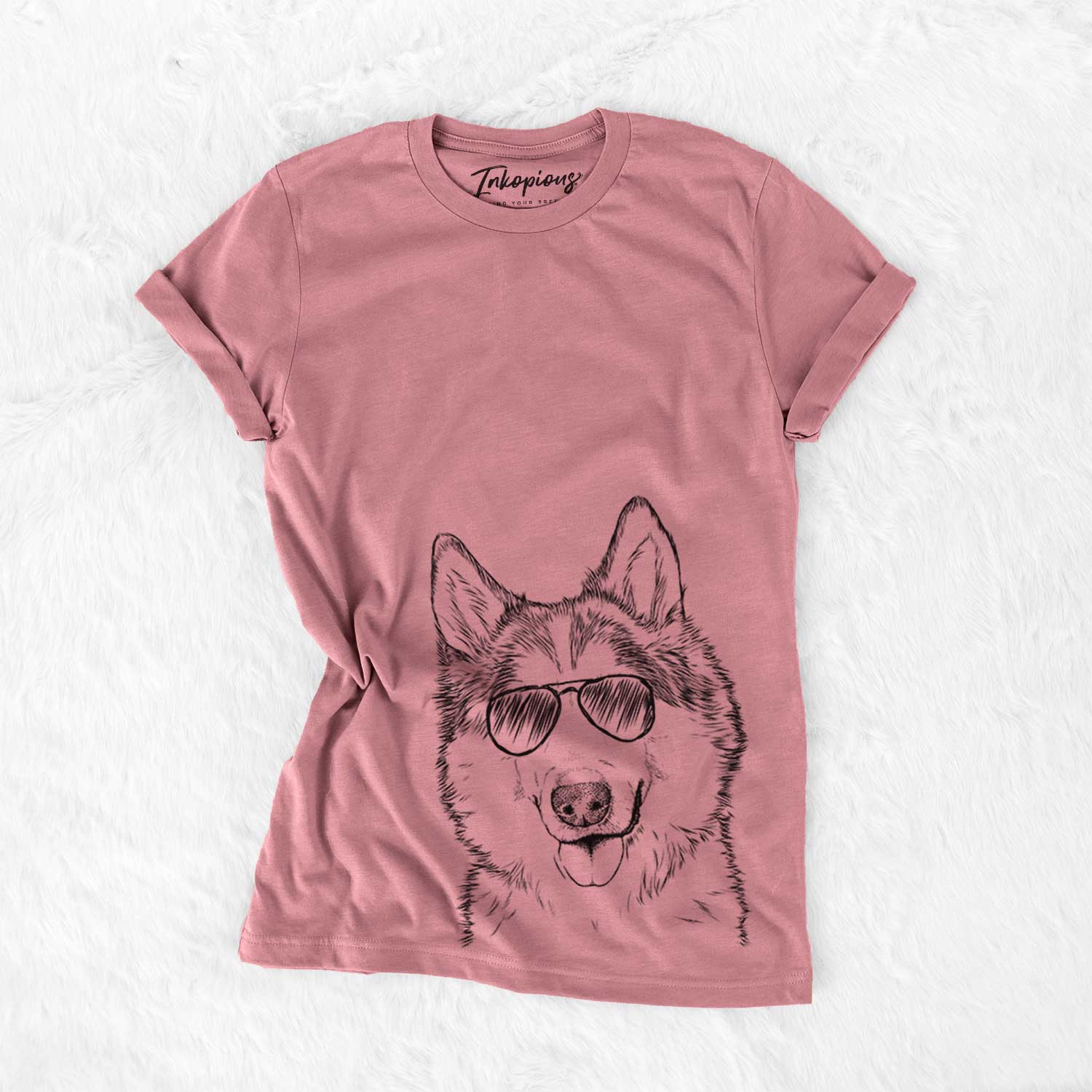 Hand-drawn sketch of Roshi the Mixed Breed wearing aviator sunglasses on a Mauve Bella Canvas Unisex Crewneck