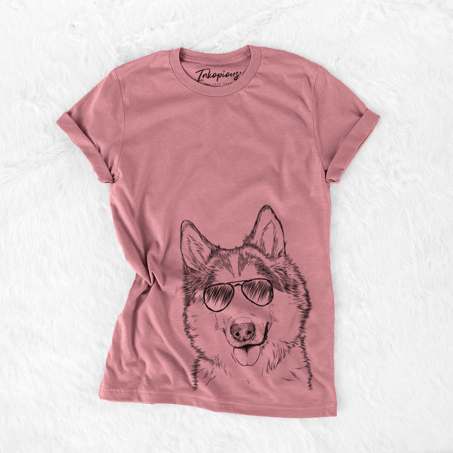 Hand-drawn sketch of Roshi the Mixed Breed wearing aviator sunglasses on a Mauve Unisex crewneck