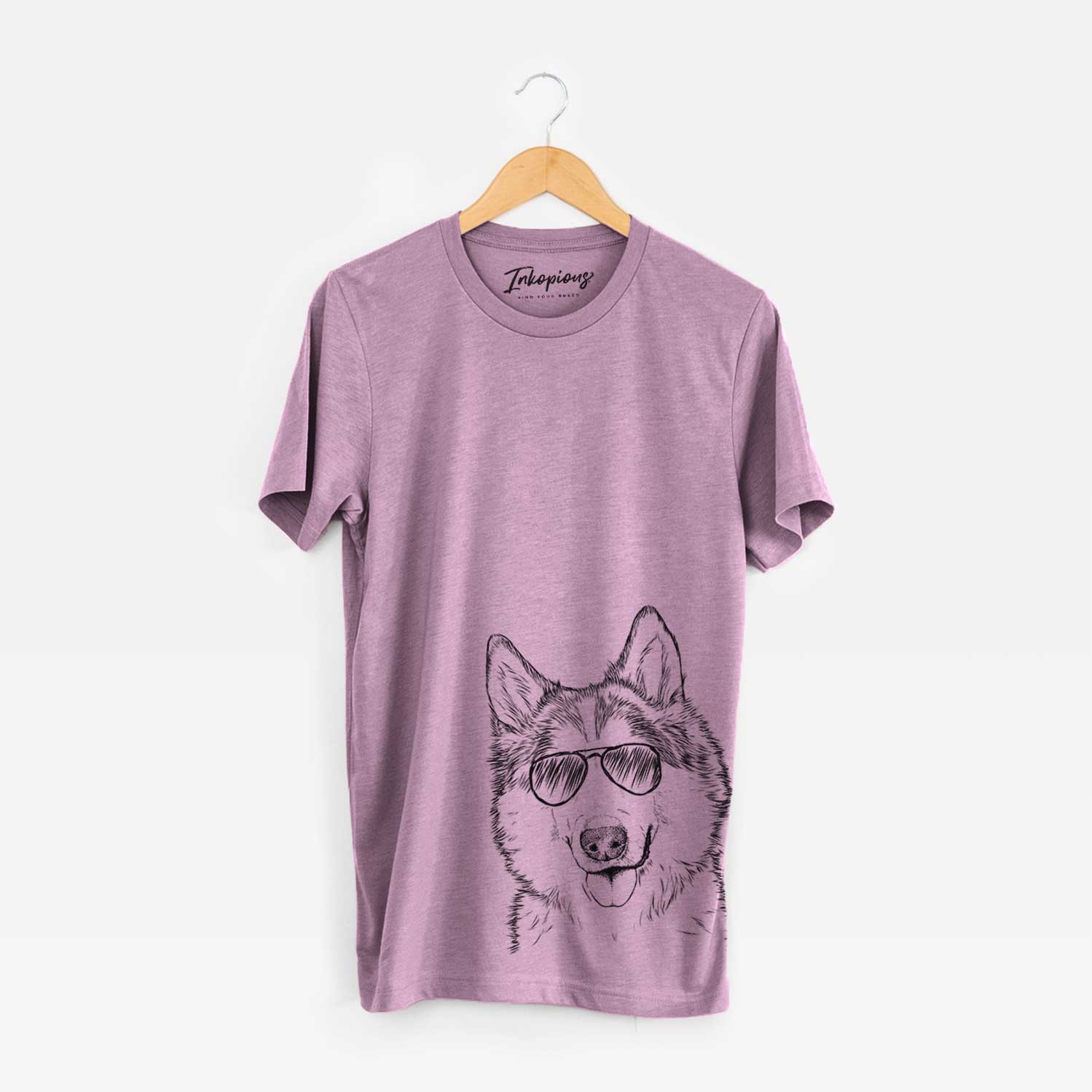 Hand-drawn sketch of Roshi the Mixed Breed wearing aviator sunglasses on an Orchid Bella Canvas Unisex Crewneck