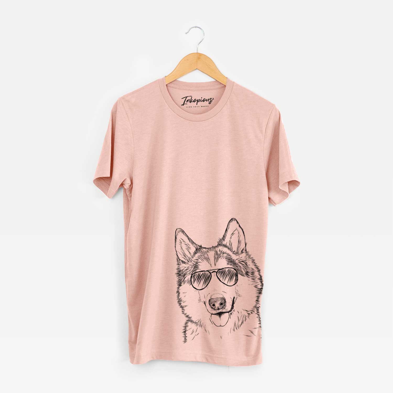 Hand-drawn sketch of Roshi the Mixed Breed wearing aviator sunglasses on a Peach Bella Canvas Unisex Crewneck