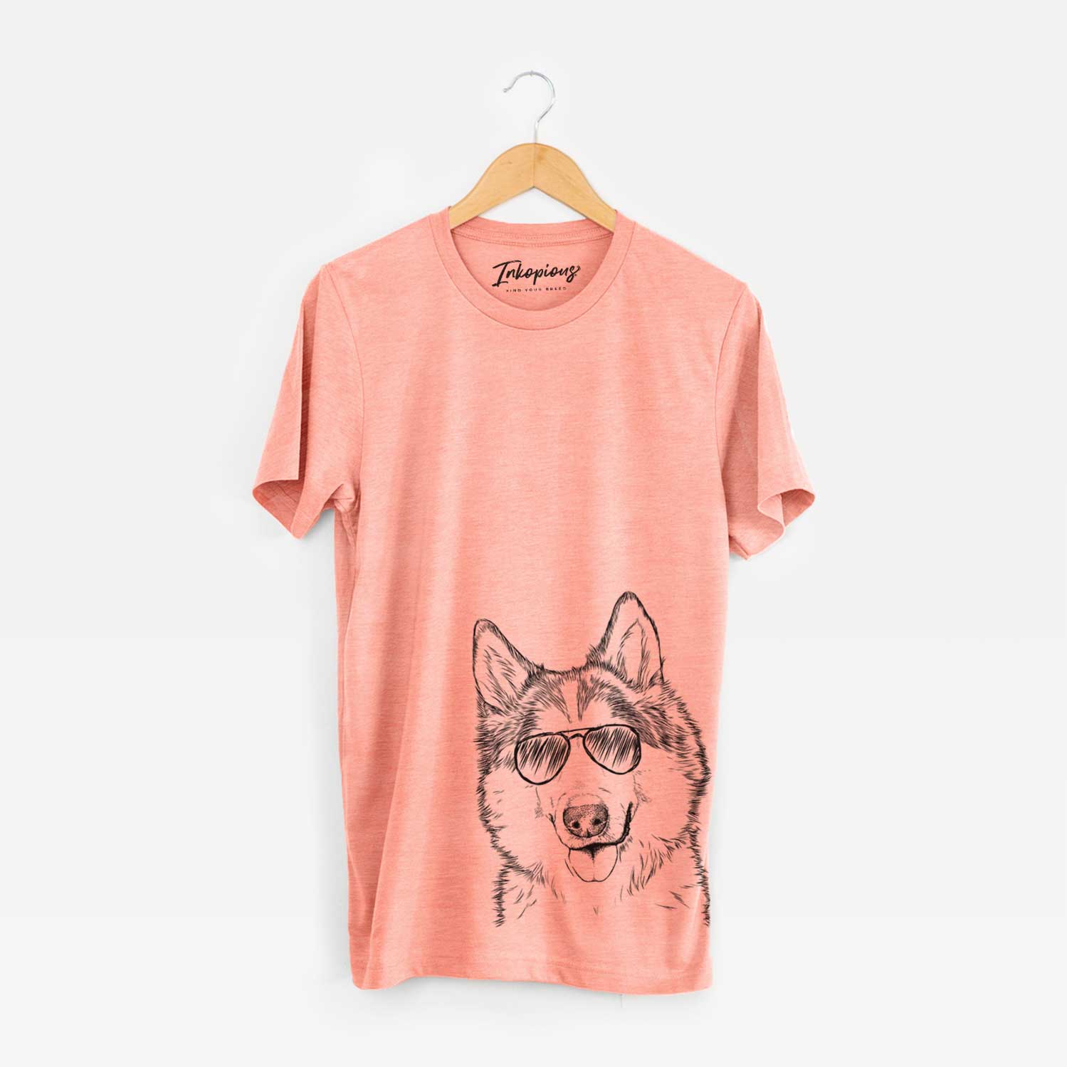 Hand-drawn sketch of Roshi the Mixed Breed wearing aviator sunglasses on a Sunset Unisex crewneck
