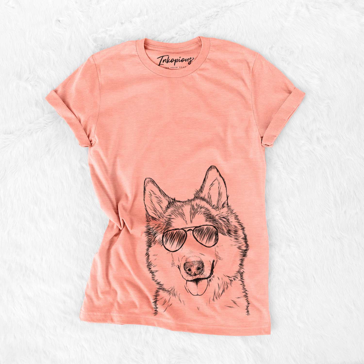 Hand-drawn sketch of Roshi the Mixed Breed wearing aviator sunglasses on a Sunset Bella Canvas Unisex Crewneck