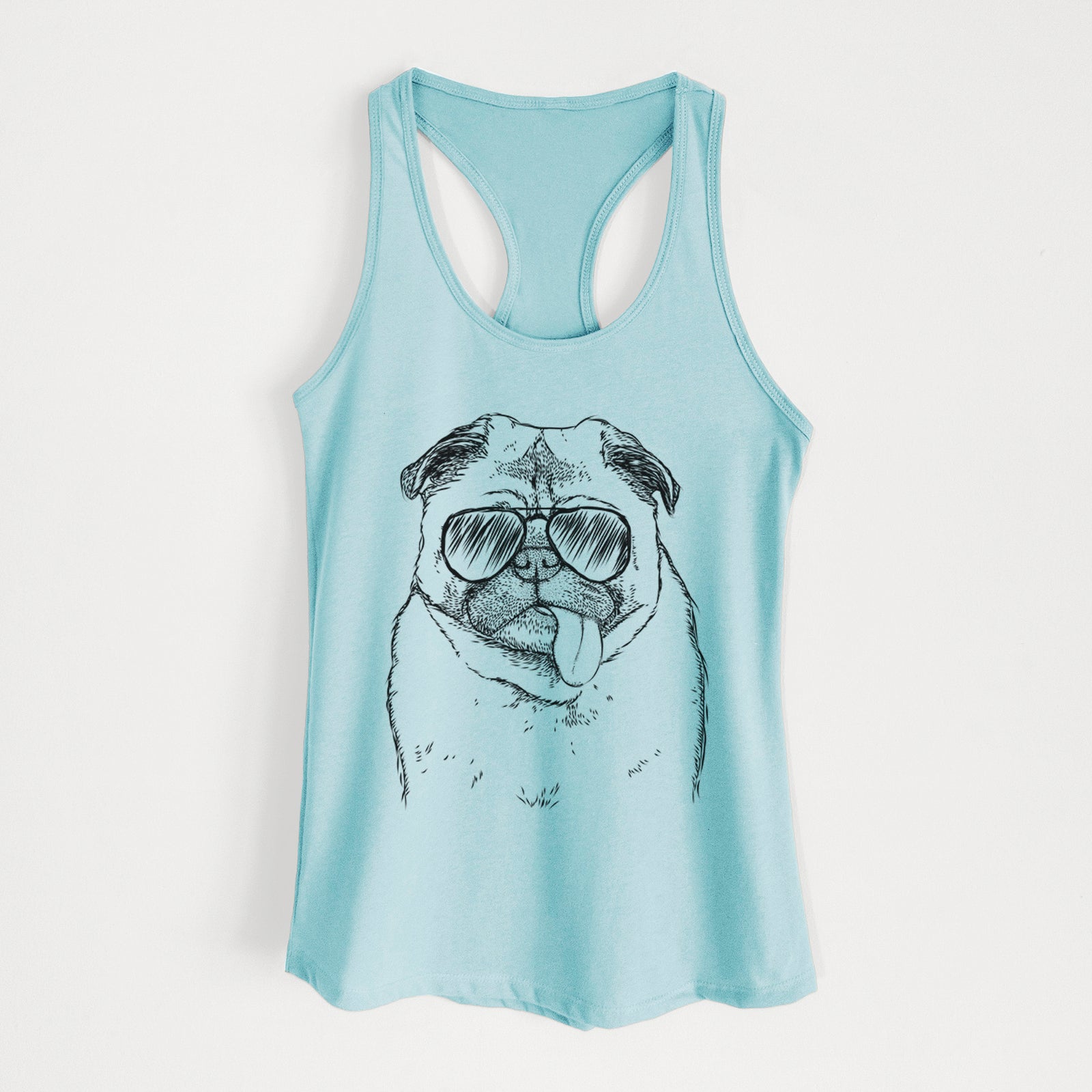 Hand-drawn sketch of Rosie the Pug wearing aviator sunglasses on a Cancun Blue Women's racerback tanktop