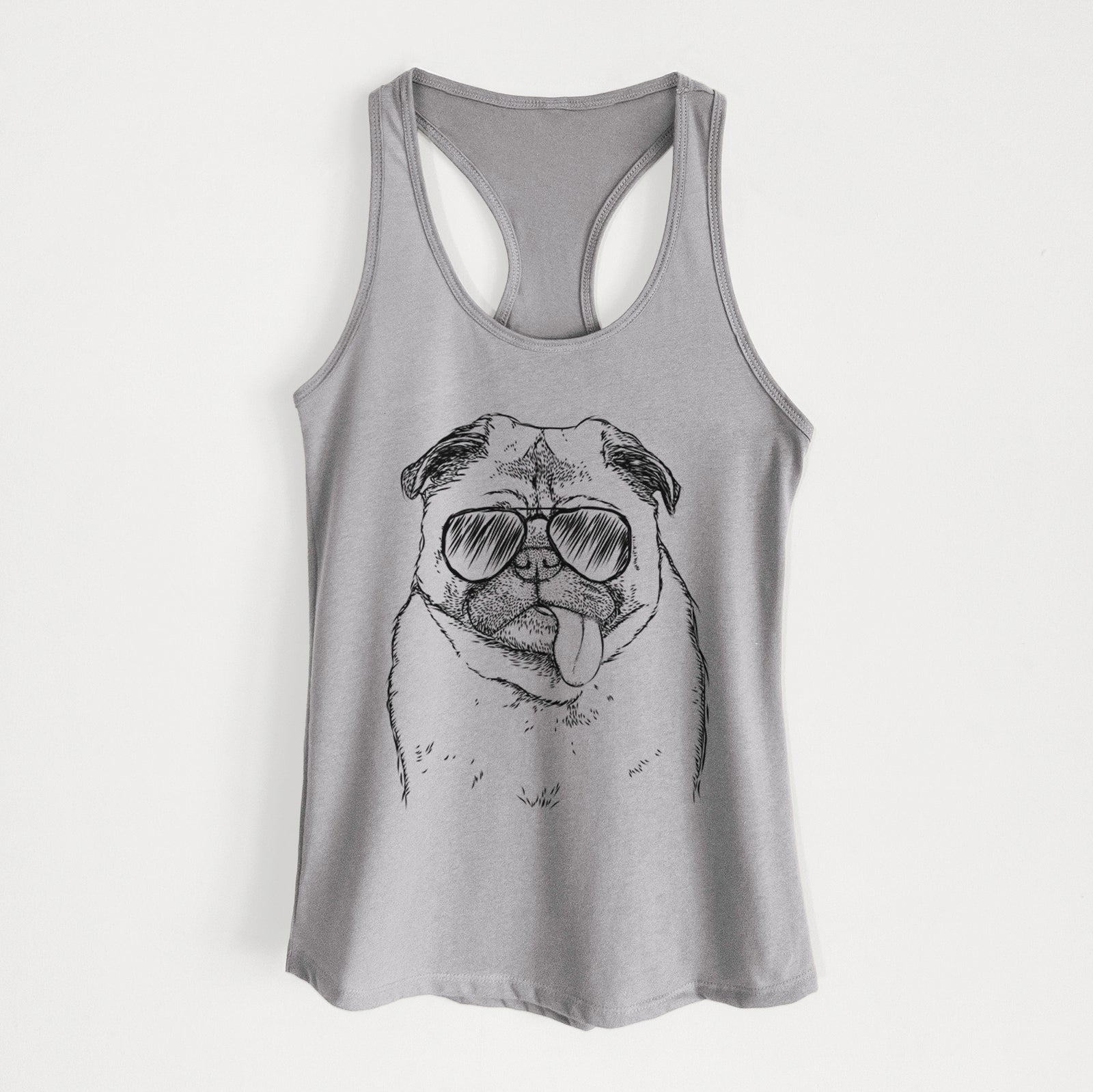 Hand-drawn sketch of Rosie the Pug wearing aviator sunglasses on a Heather Grey Women's racerback tanktop