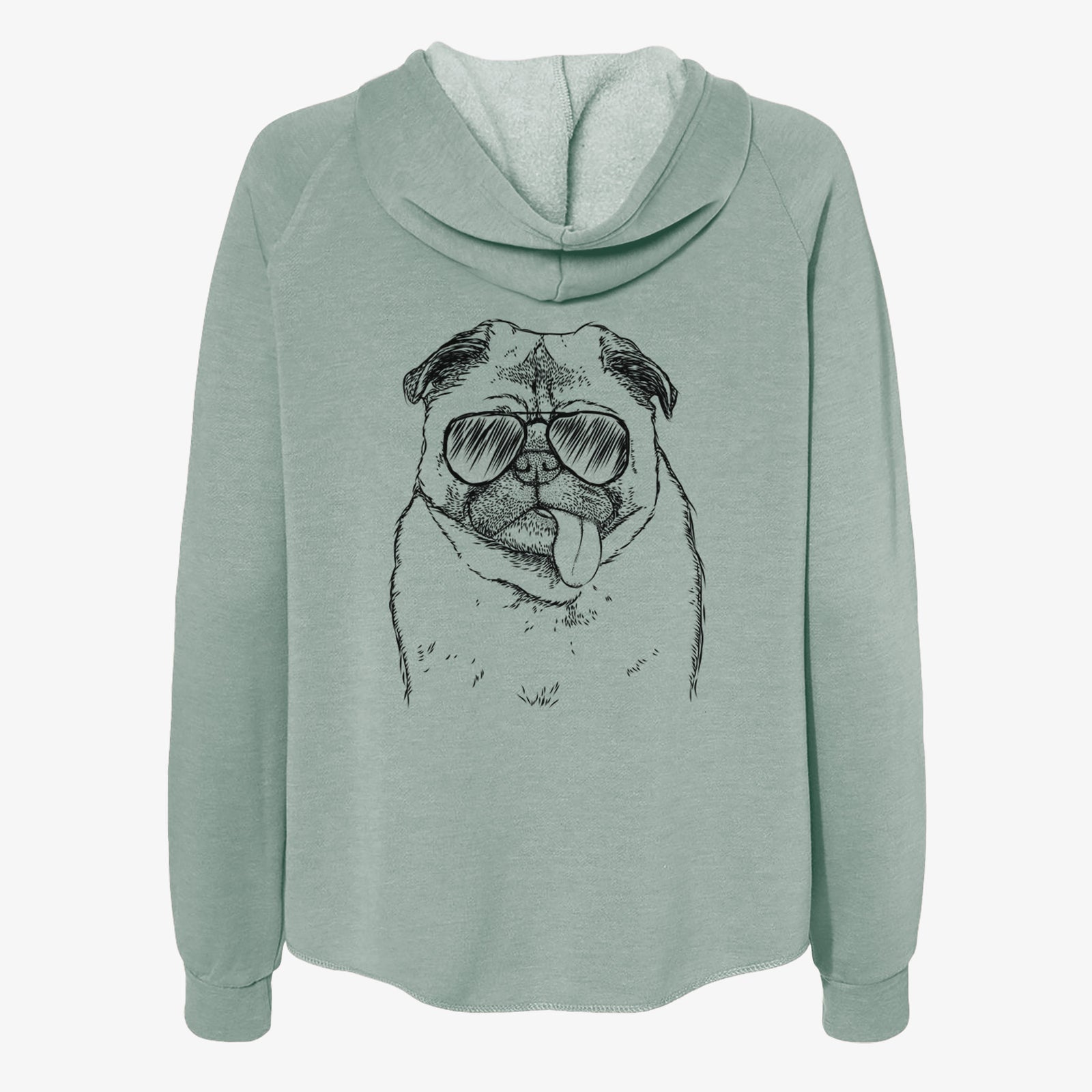 Hand-drawn sketch of Rosie the Pug wearing aviator sunglasses on a Sage Women's cali wave zip-up sweatshirt
