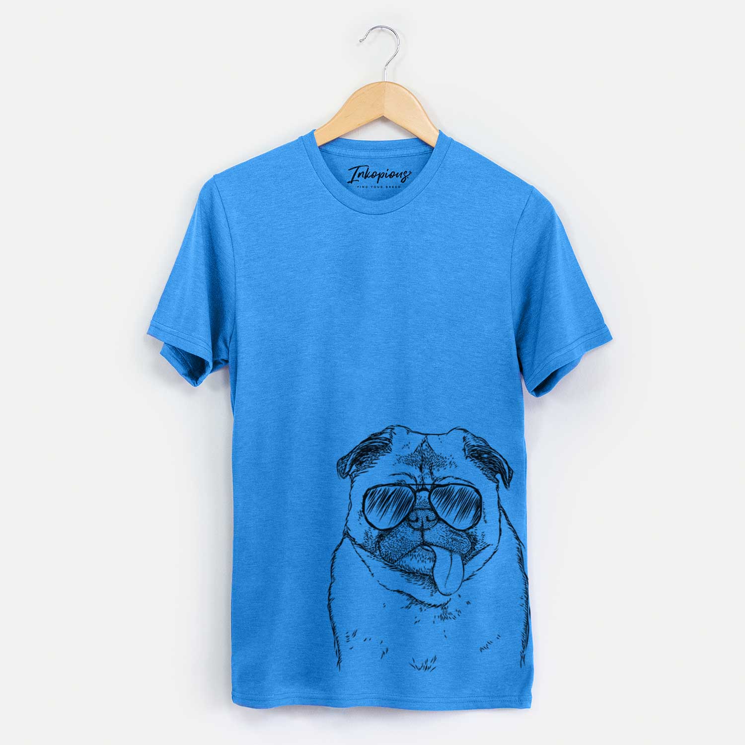 Hand-drawn sketch of Rosie the Pug wearing aviator sunglasses on a Blue Unisex crewneck